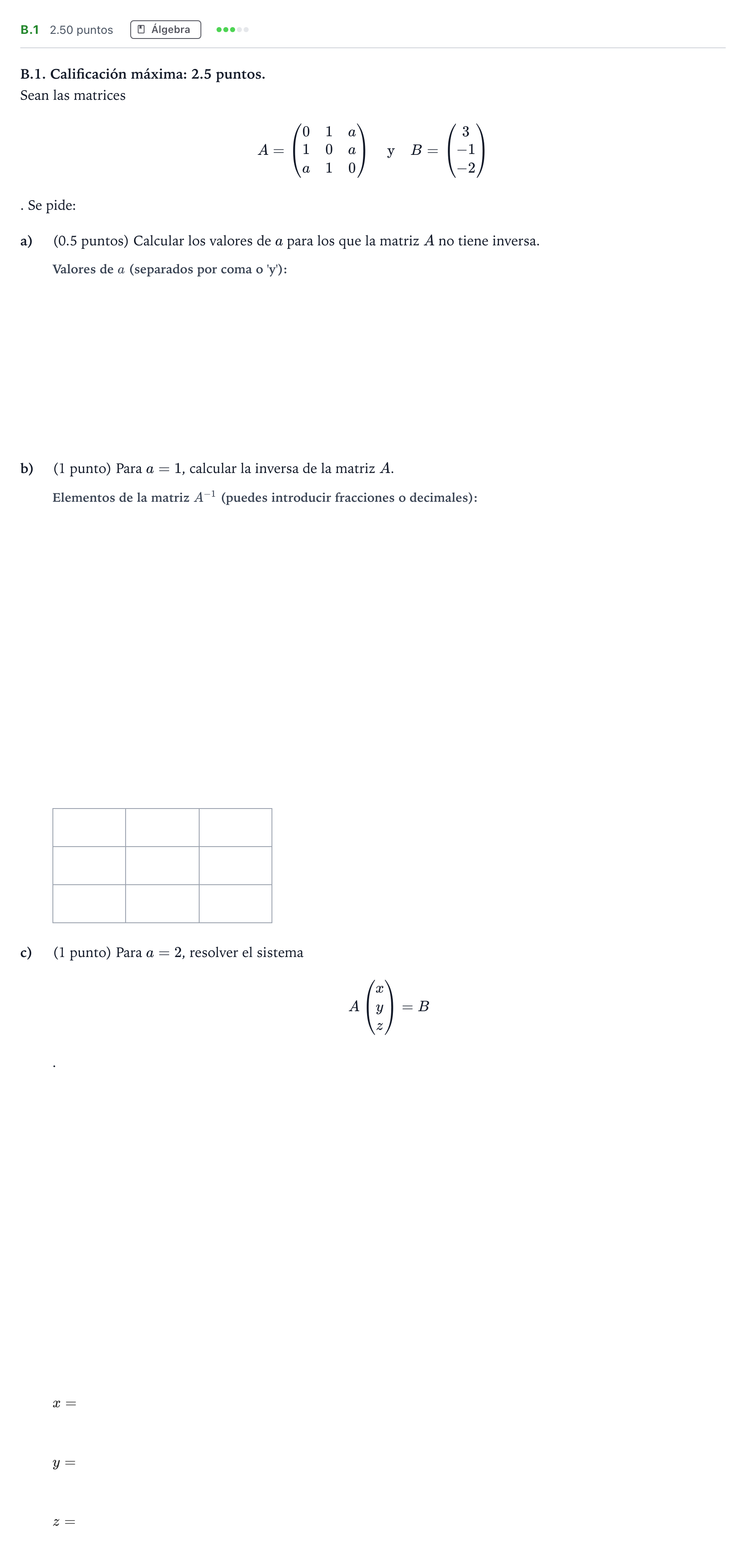 Enunciado: Ejercicio B.1 · Matemáticas II PAU Madrid Modelo 2022
