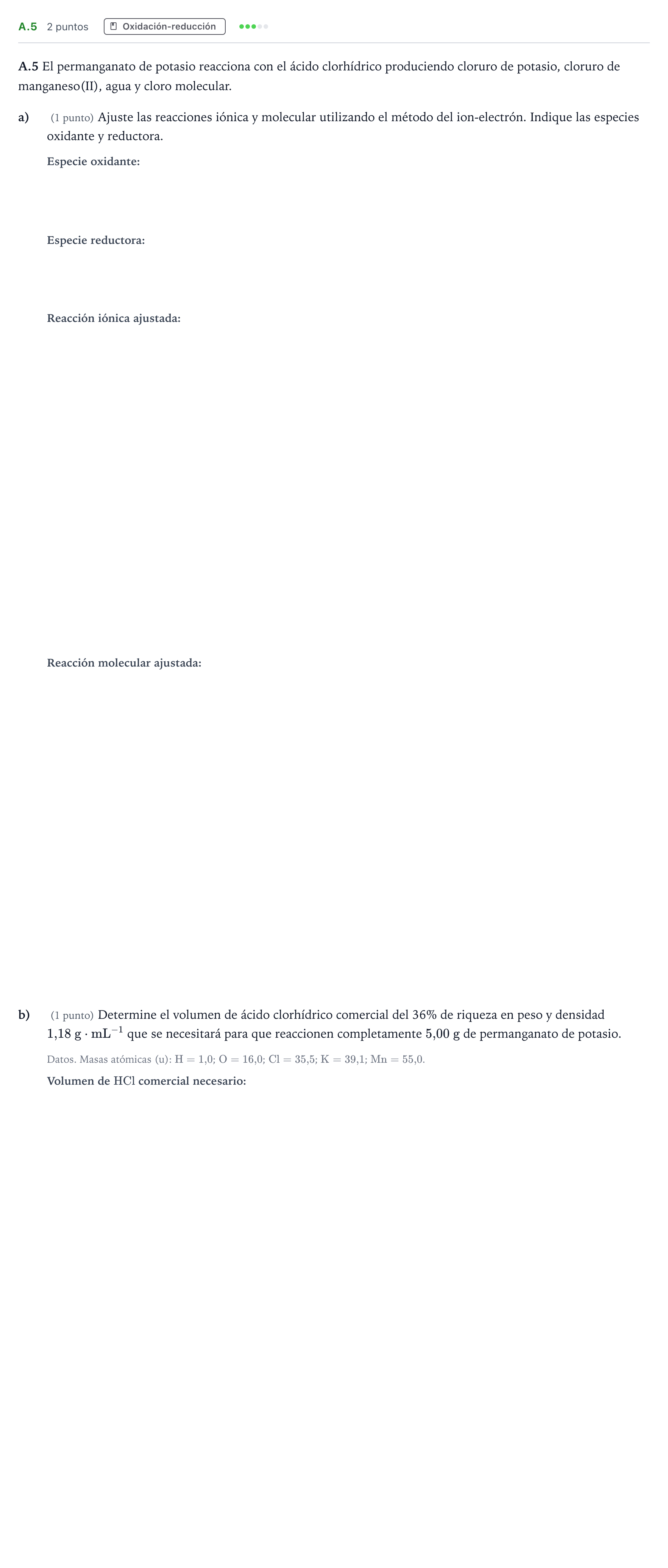 Enunciado: Ejercicio A.5 · Química PAU Madrid Extraordinaria 2022