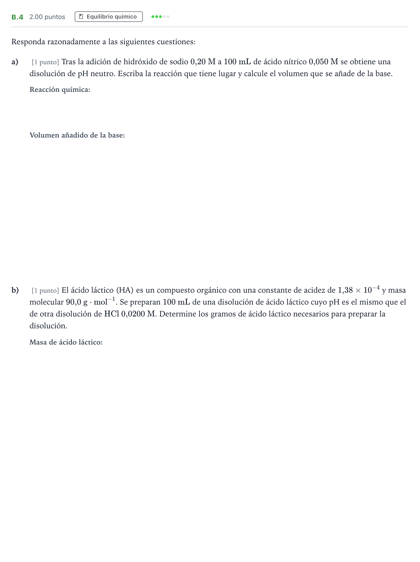 Enunciado: Ejercicio B.4 · Química PAU Madrid Extraordinaria 2022