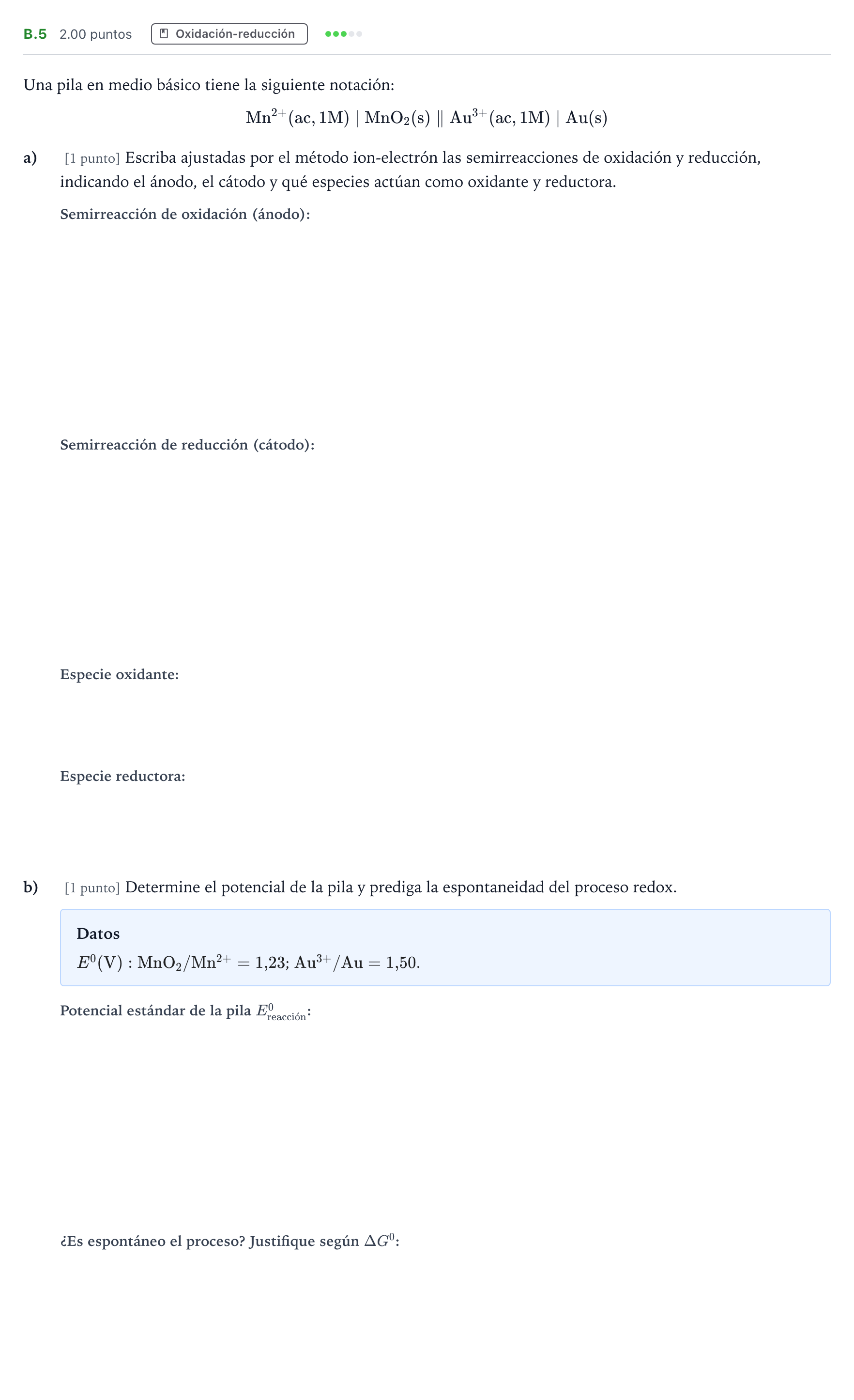 Enunciado: Ejercicio B.5 · Química PAU Madrid Extraordinaria 2022