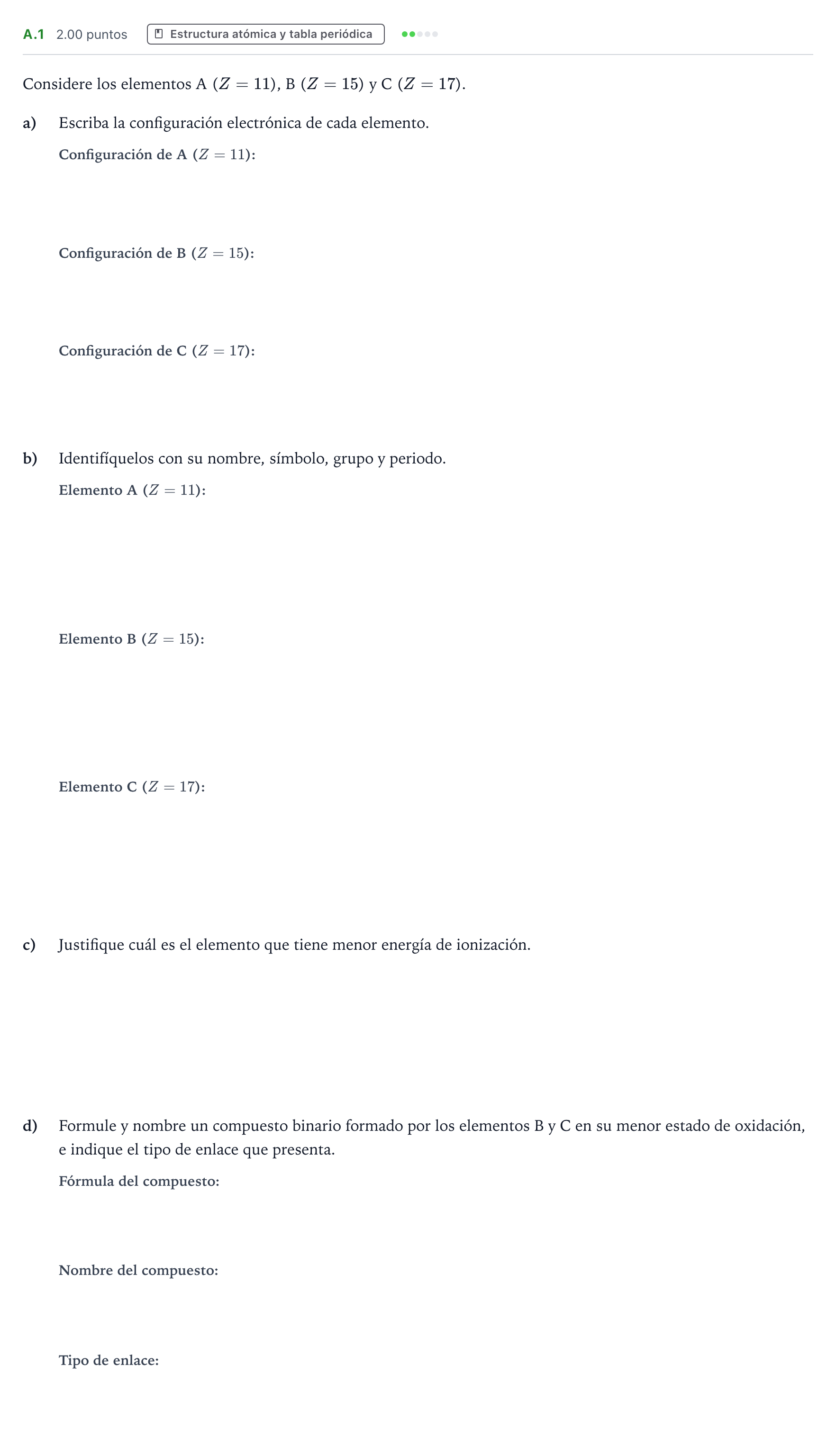Enunciado: Ejercicio A.1 · Química PAU Madrid Modelo 2022