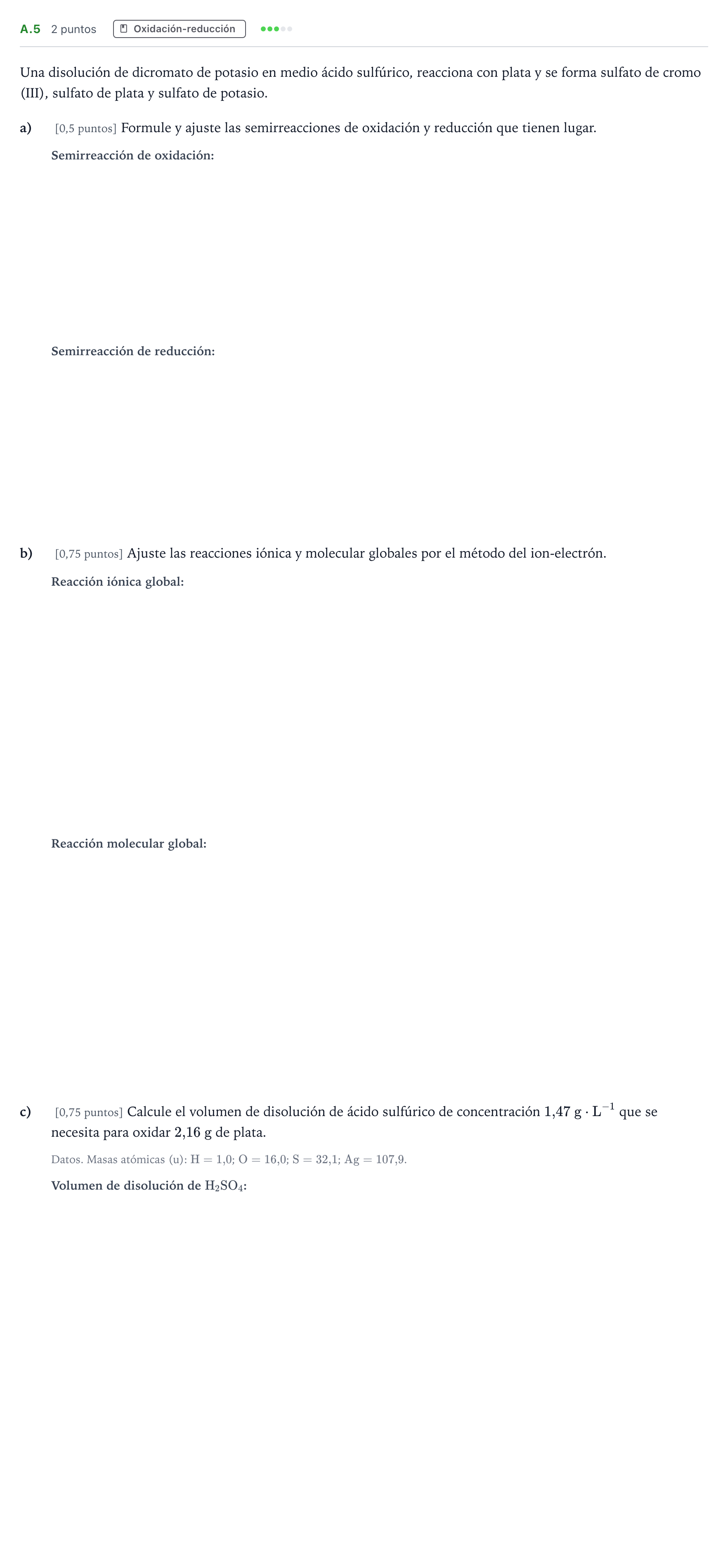 Enunciado: Ejercicio A.5 · Química PAU Madrid Modelo 2022