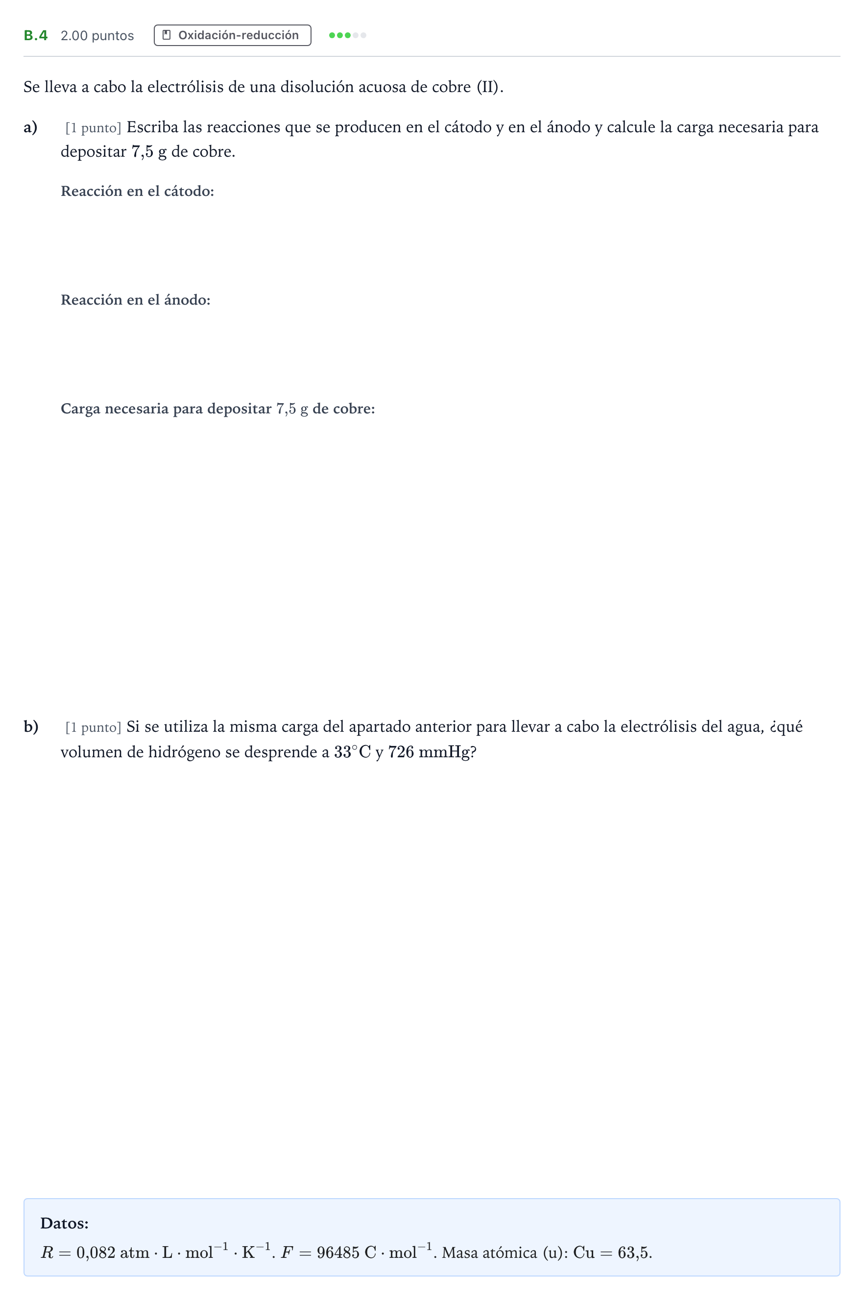 Enunciado: Ejercicio B.4 · Química PAU Madrid Modelo 2022
