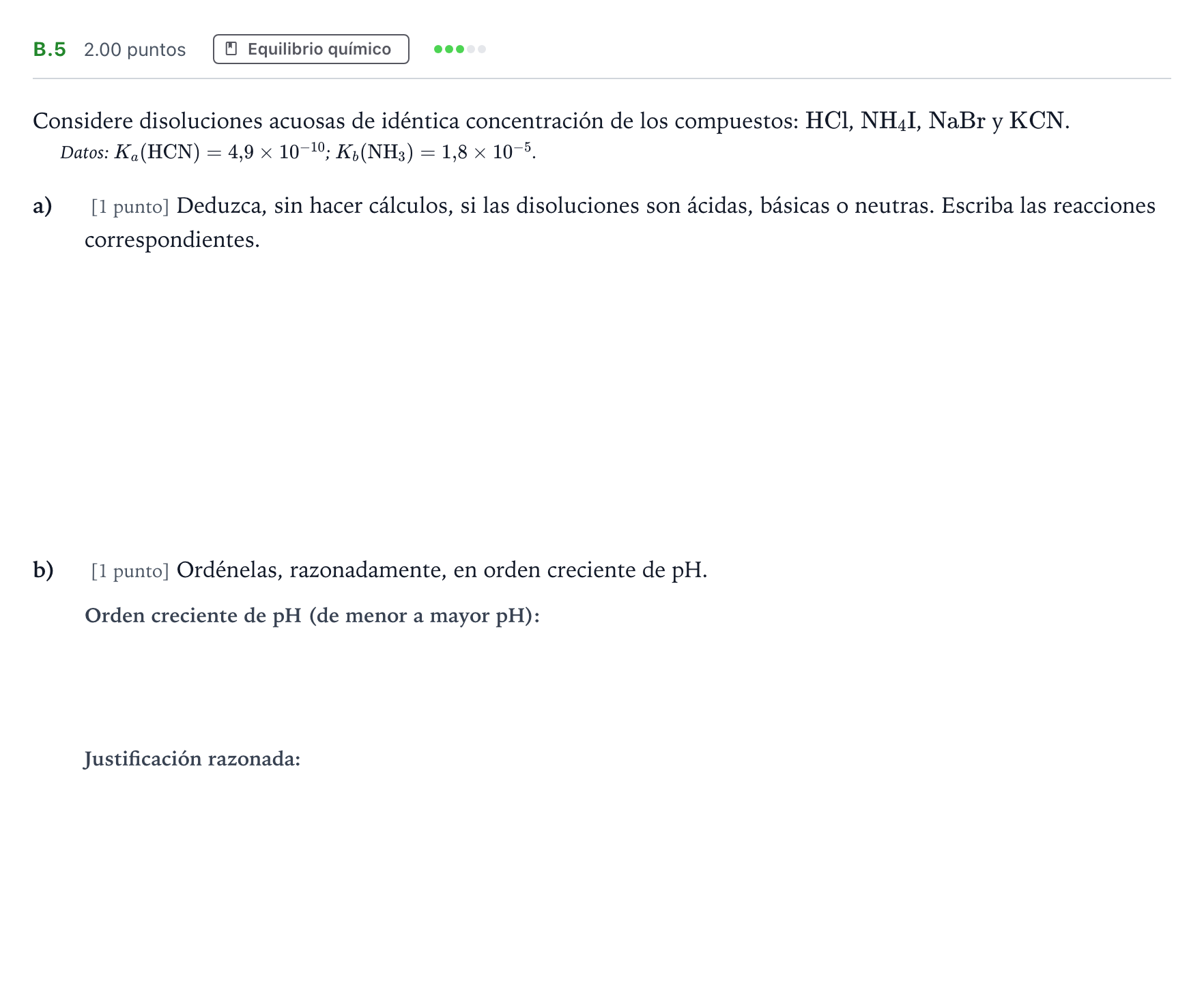 Enunciado: Ejercicio B.5 · Química PAU Madrid Modelo 2022