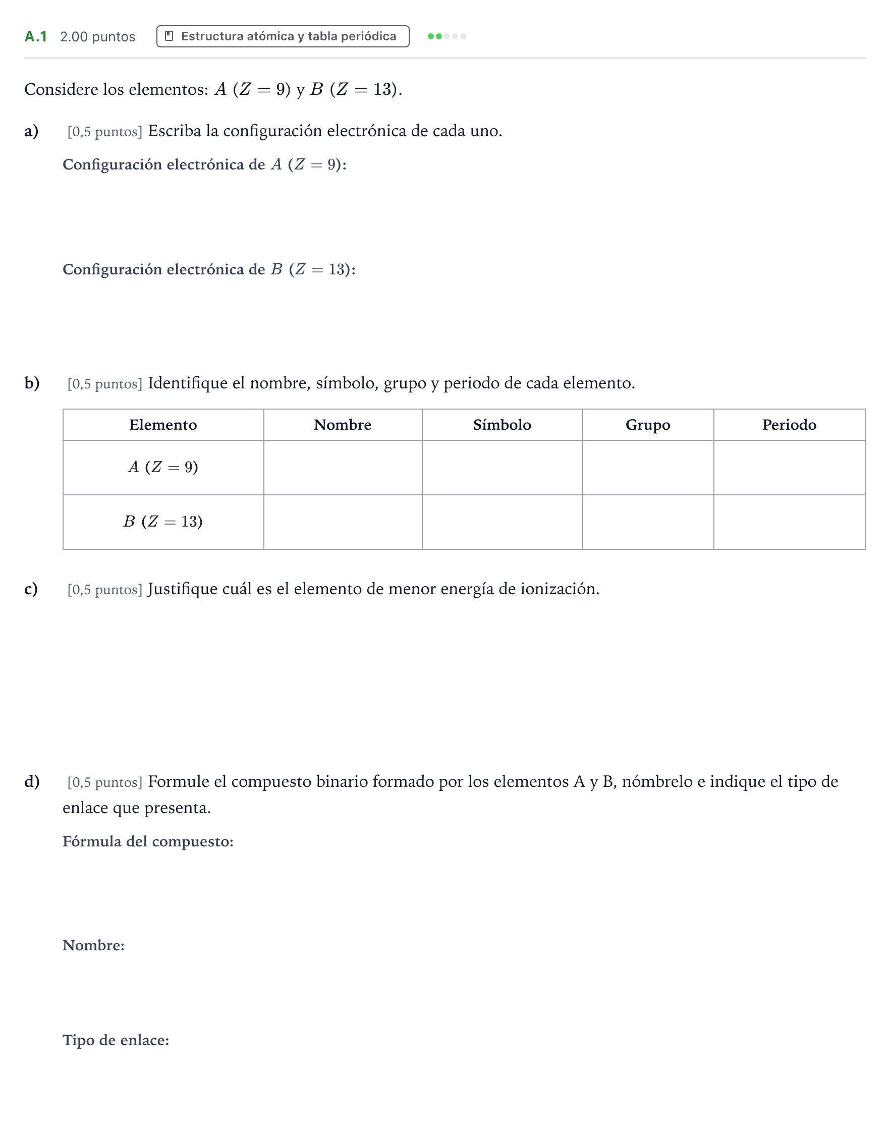 Enunciado: Ejercicio A.1 · Química PAU Madrid Ordinaria 2022