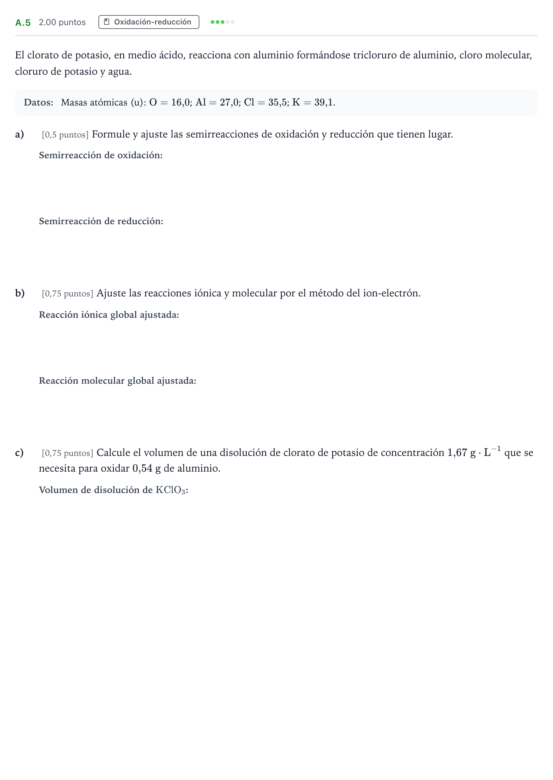 Enunciado: Ejercicio A.5 · Química PAU Madrid Ordinaria 2022