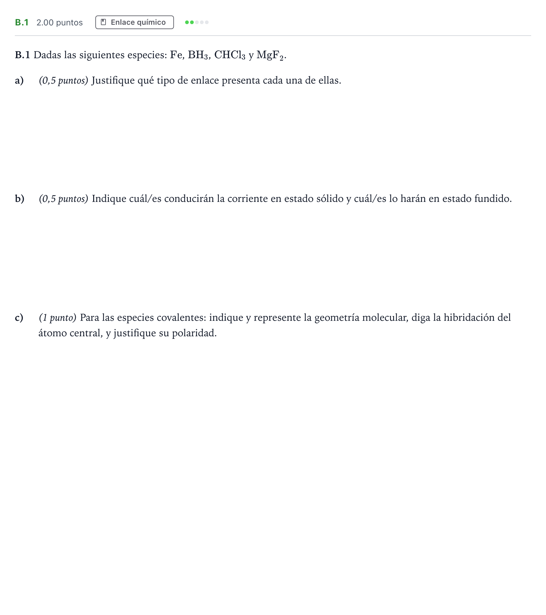 Enunciado: Ejercicio B.1 · Química PAU Madrid Ordinaria 2022