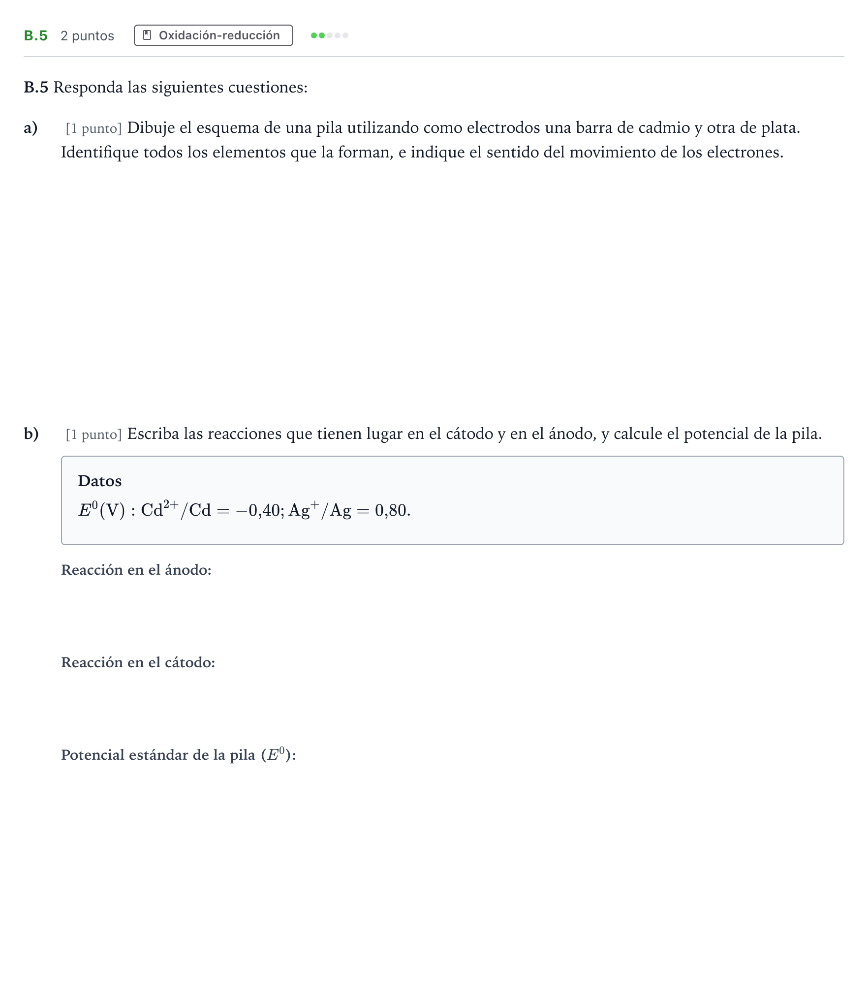 Enunciado: Ejercicio B.5 · Química PAU Madrid Ordinaria 2022