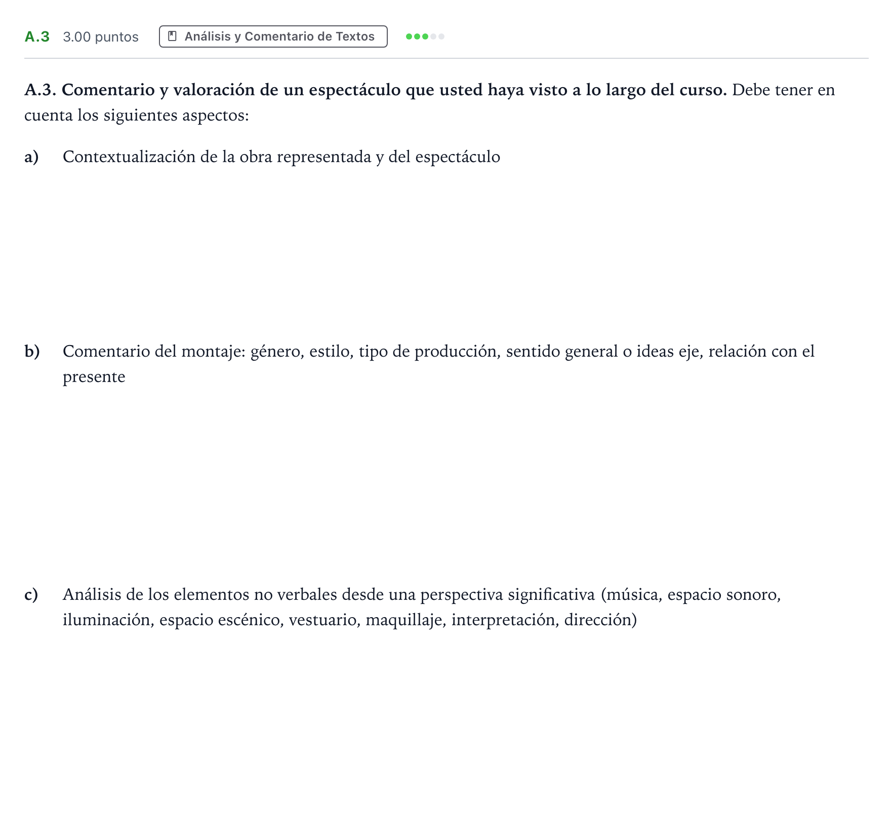 Enunciado: Ejercicio A.3 · Artes Escénicas PAU Madrid Modelo 2023