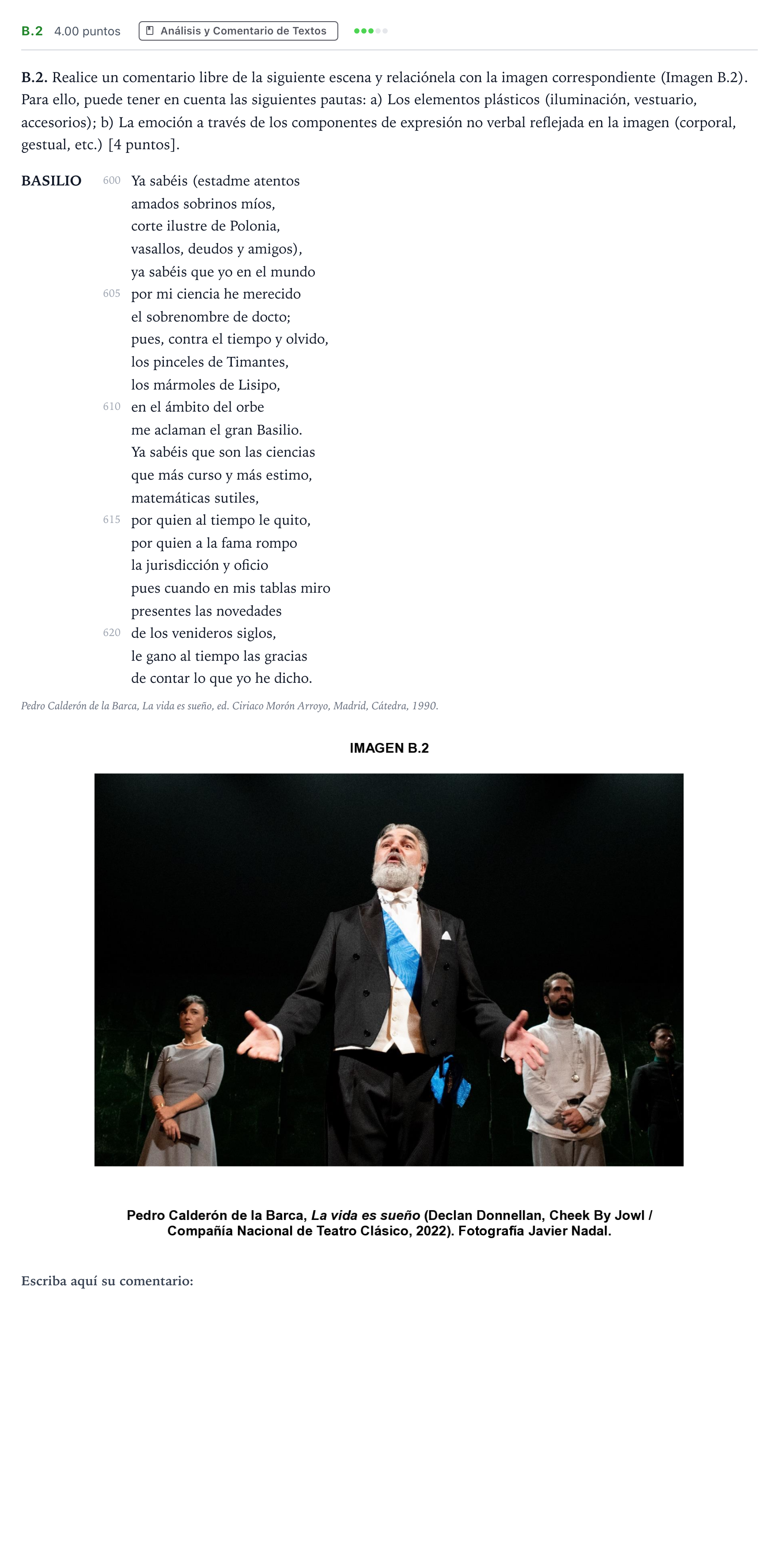 Enunciado: Ejercicio B.2 · Artes Escénicas PAU Madrid Ordinaria 2023