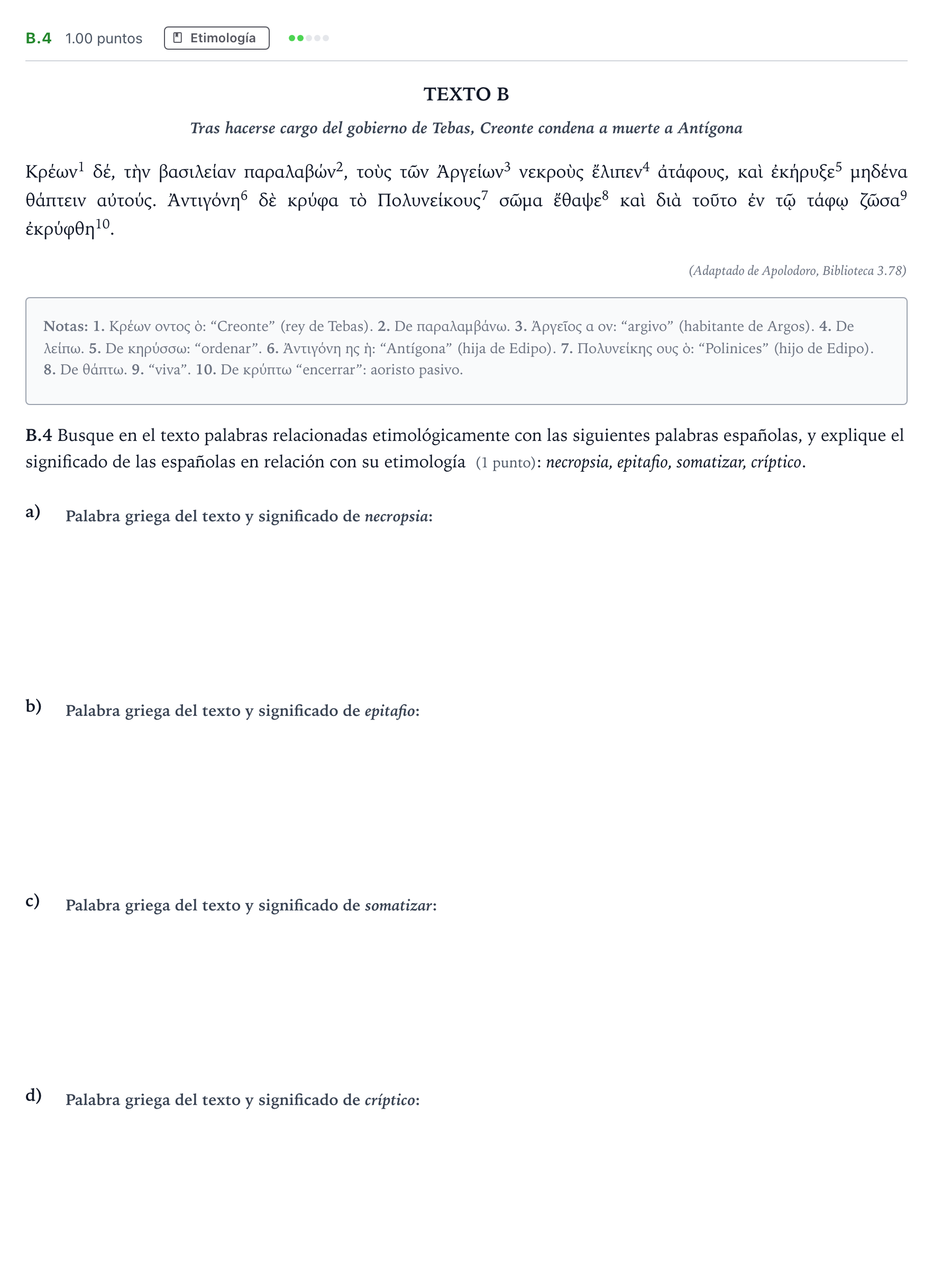Enunciado: Ejercicio B.4 · Griego II PAU Madrid Extraordinaria 2023