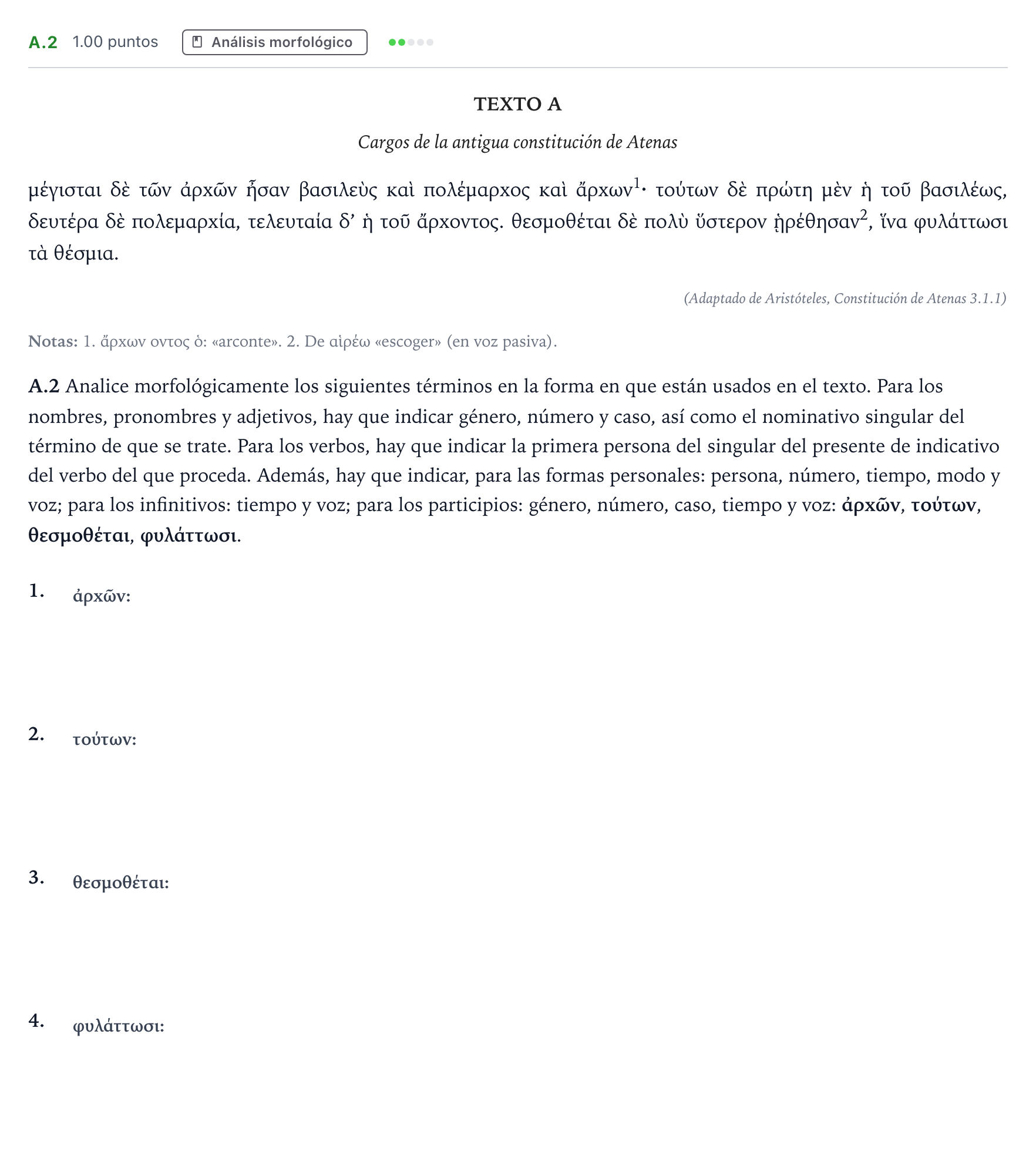 Enunciado: Ejercicio A.2 · Griego II PAU Madrid Modelo 2023