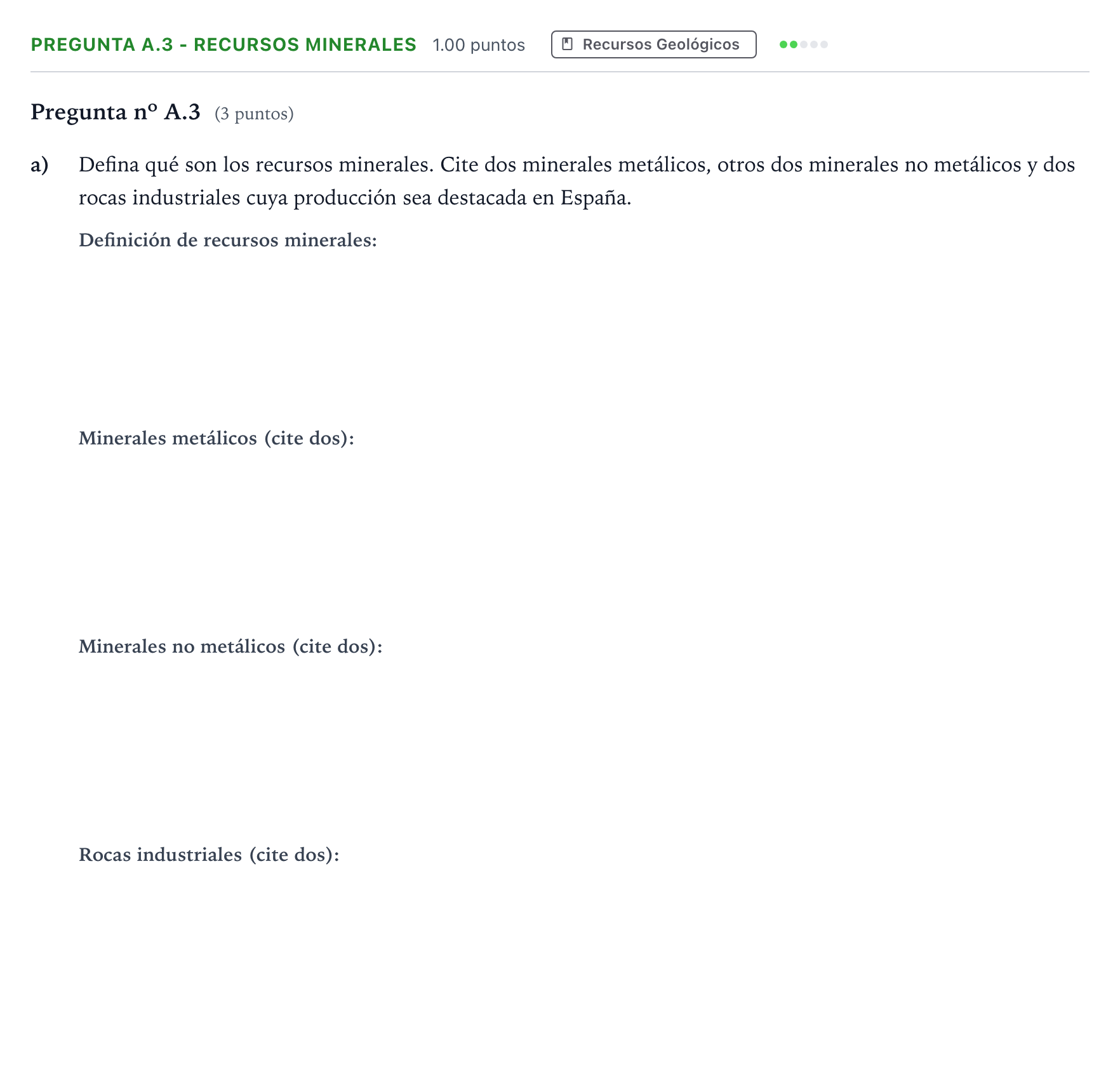 Enunciado: Pregunta A.3 - Recursos minerales · Geología PAU Madrid Ordinaria Coincidencias 2023