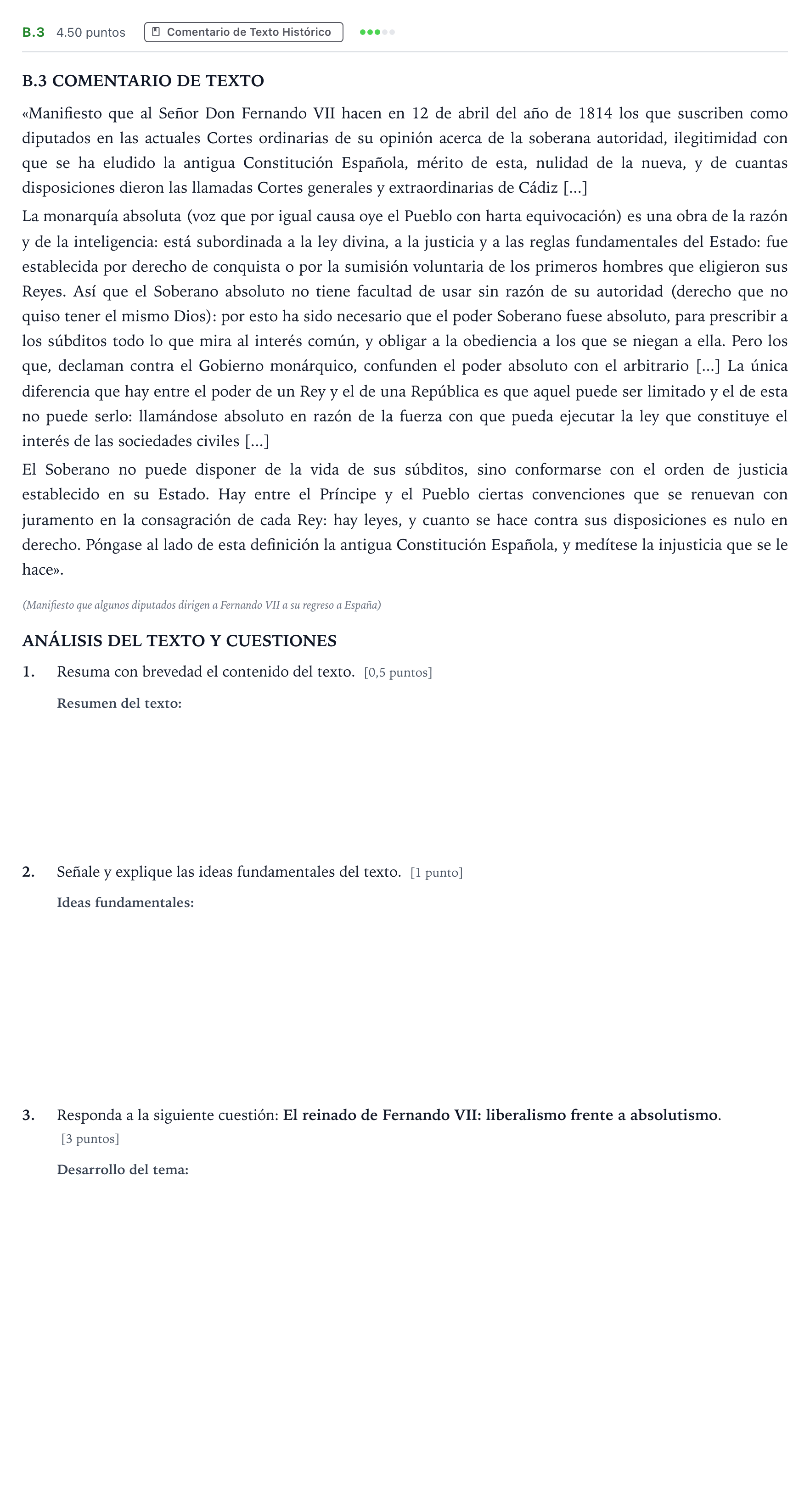 Enunciado: Ejercicio B.3 · Historia de España PAU Madrid Extraordinaria 2023