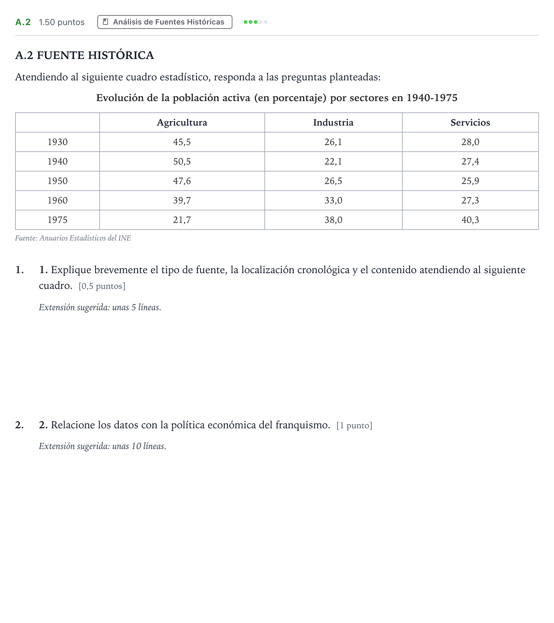 Enunciado: Ejercicio A.2 · Historia de España PAU Madrid Extraordinaria Coincidencias 2023
