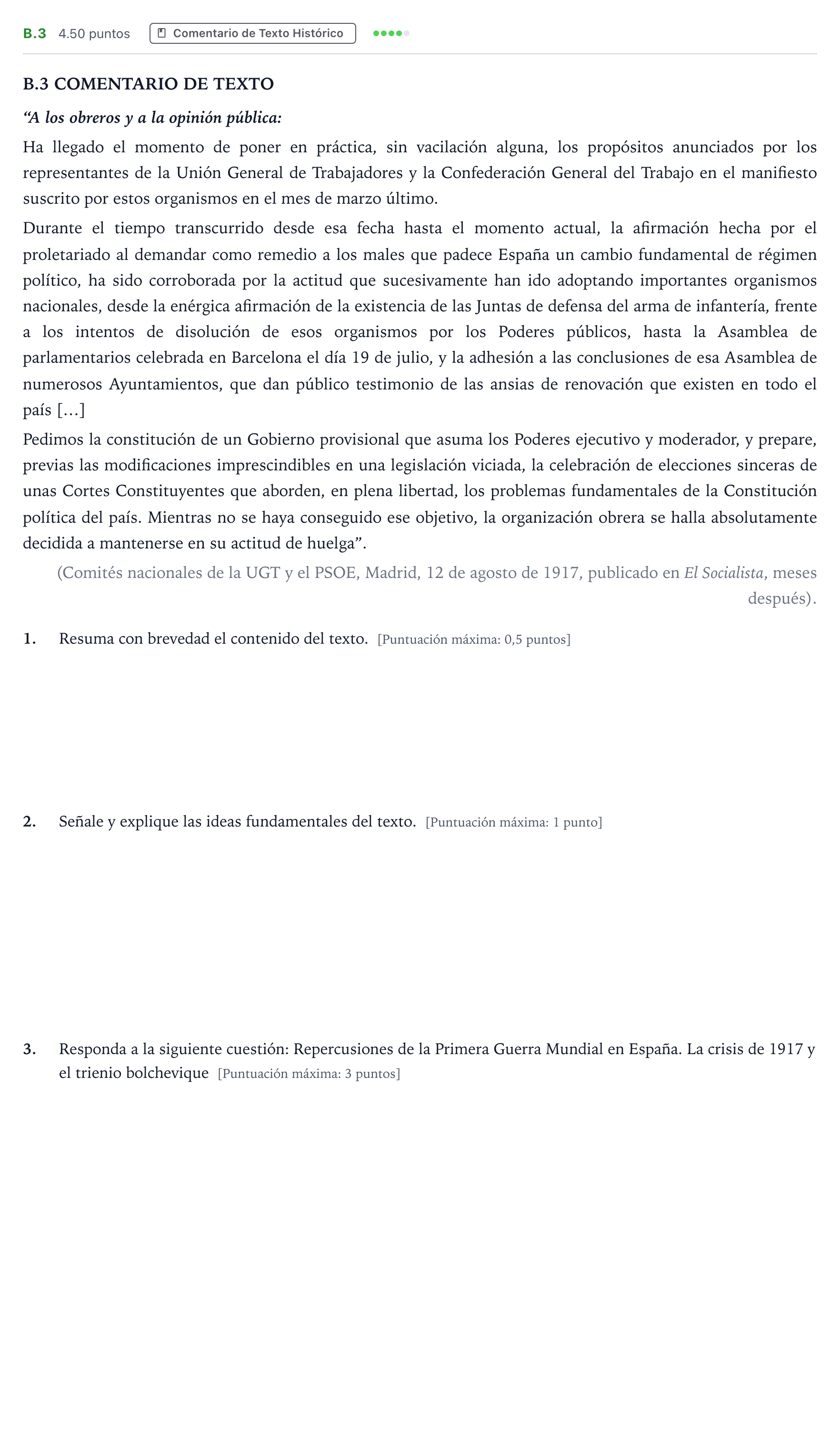 Enunciado: Ejercicio B.3 · Historia de España PAU Madrid Extraordinaria Coincidencias 2023