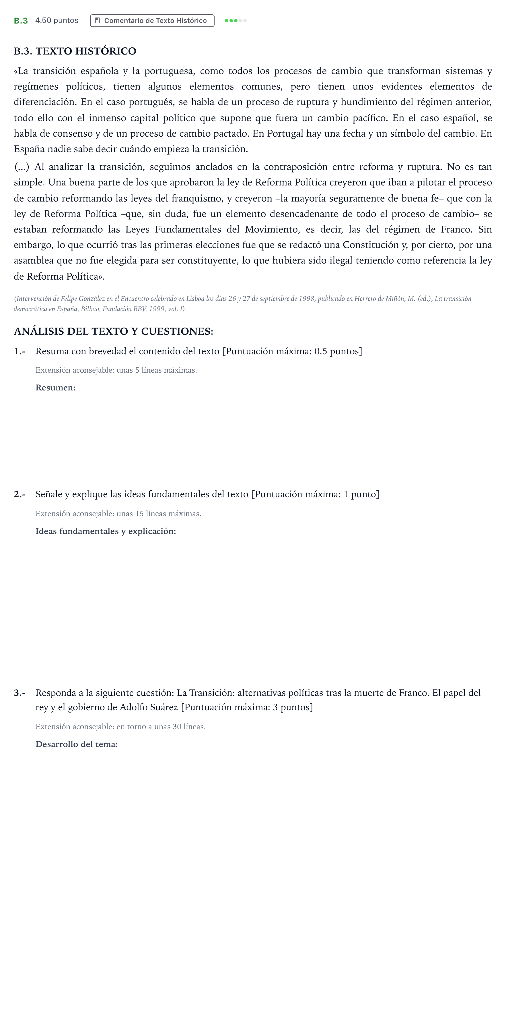 Enunciado: Ejercicio B.3 · Historia de España PAU Madrid Modelo 2023
