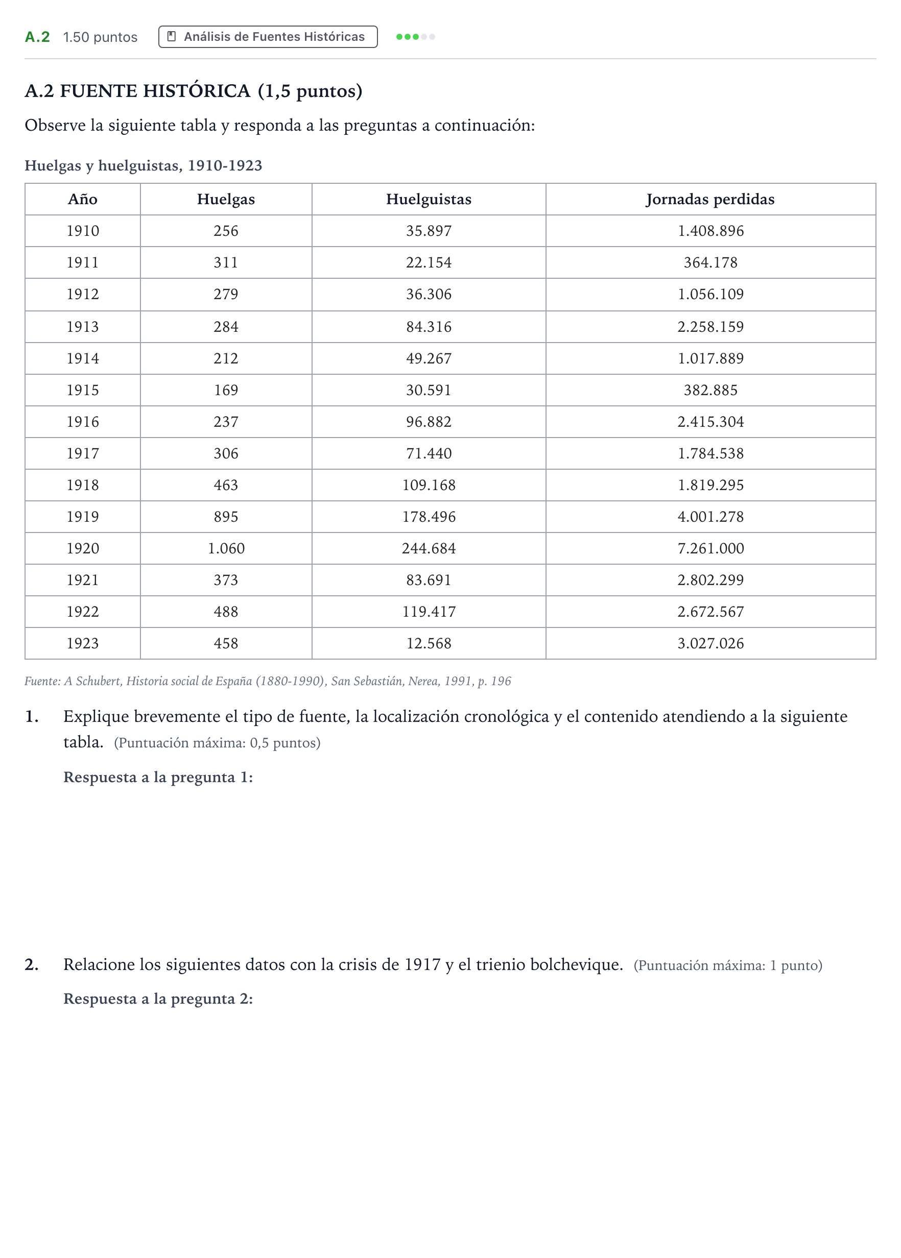 Enunciado: Ejercicio A.2 · Historia de España PAU Madrid Ordinaria Coincidencias 2023
