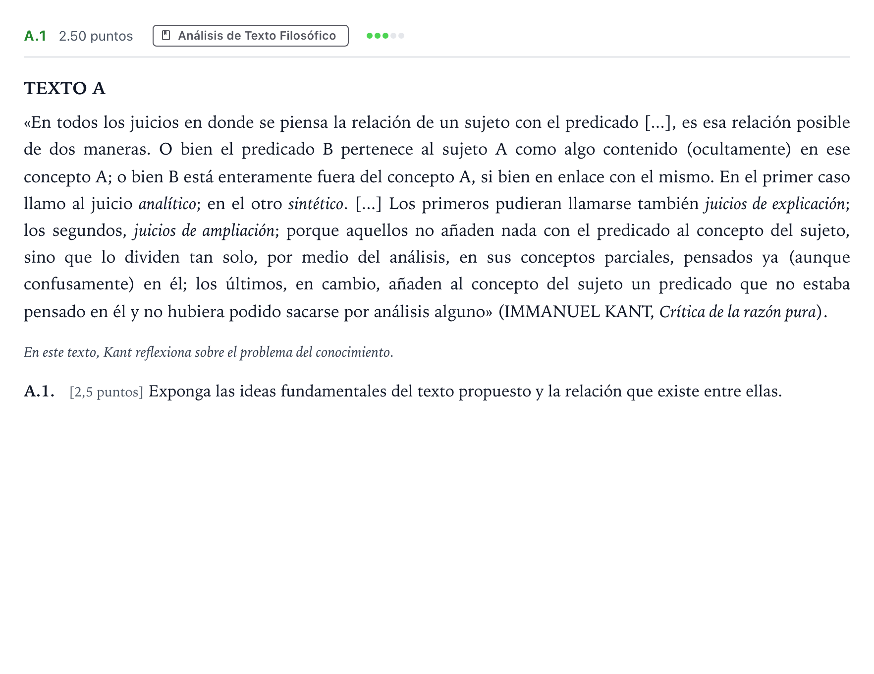 Enunciado: Ejercicio A.1 · Historia de la Filosofía PAU Madrid Modelo 2023