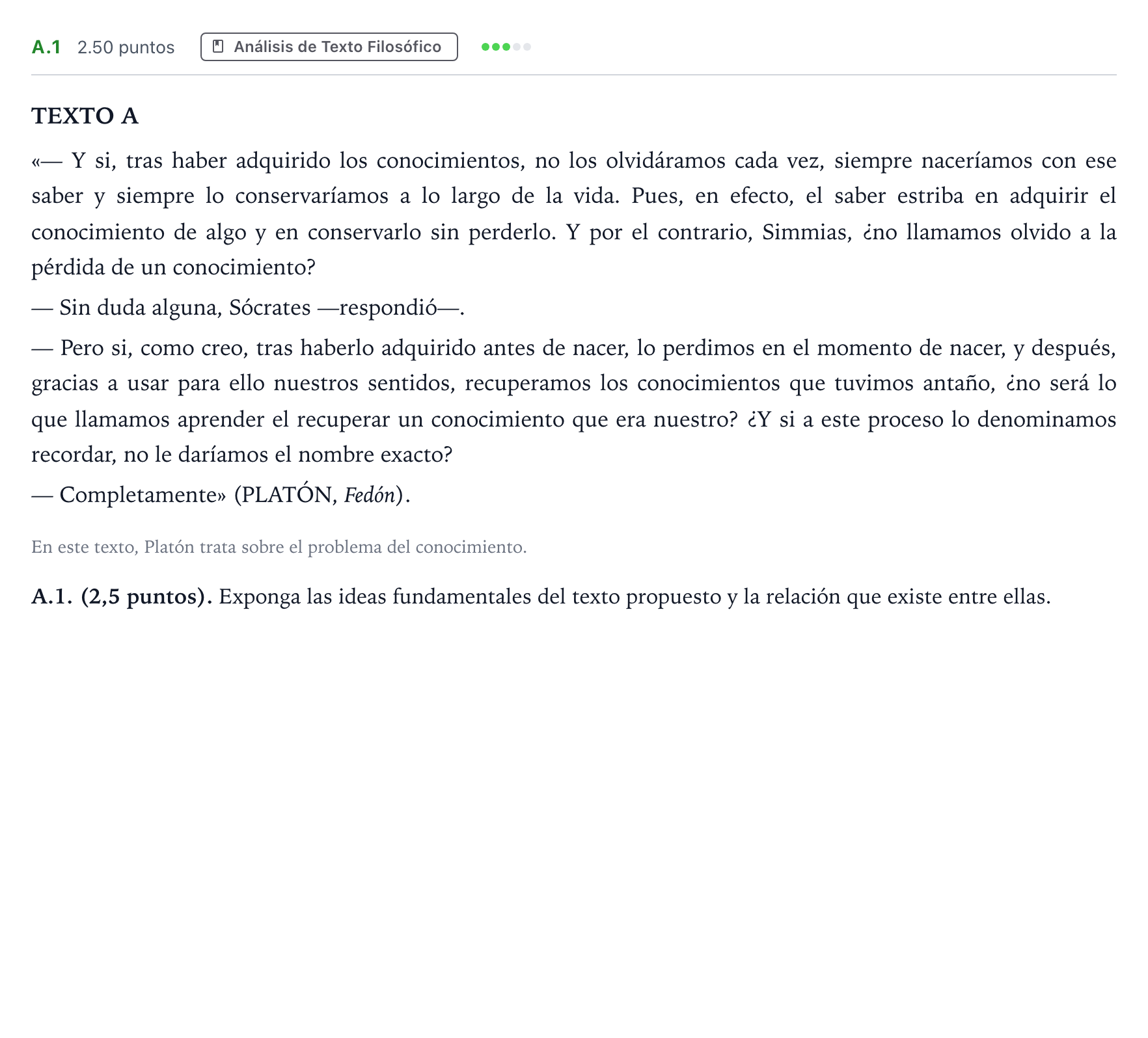 Enunciado: Ejercicio A.1 · Historia de la Filosofía PAU Madrid Ordinaria 2023