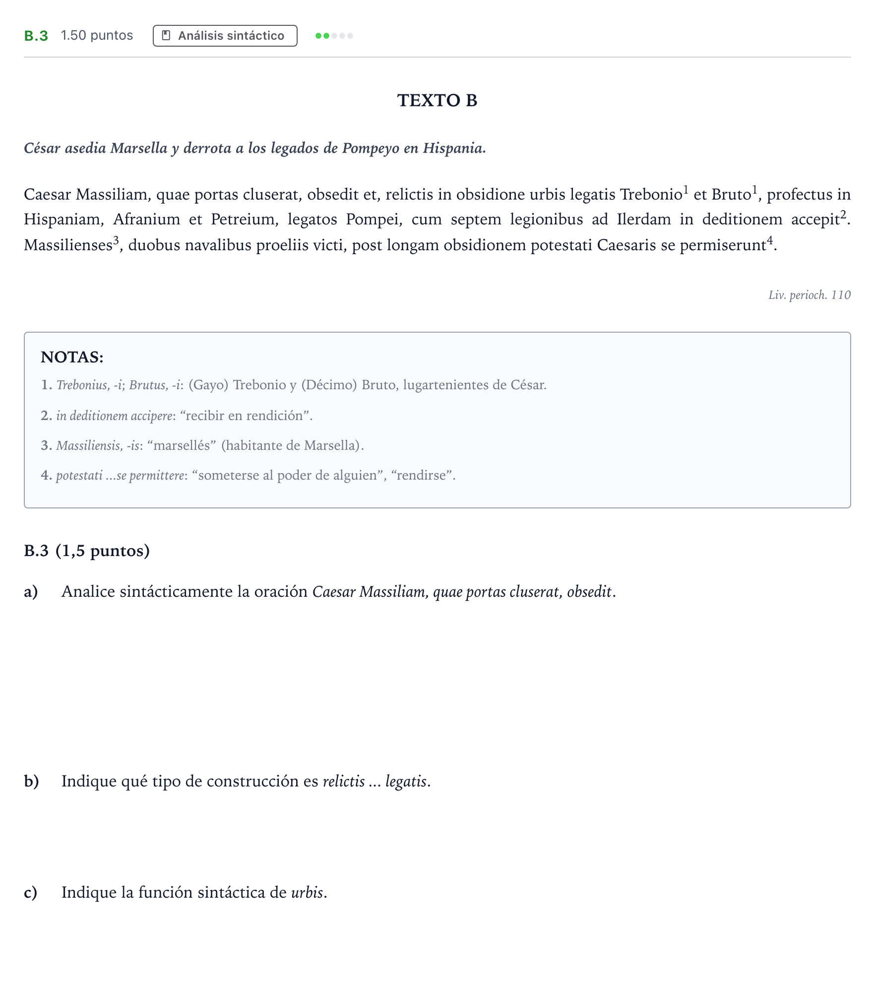 Enunciado: Ejercicio B.3 · Latín II PAU Madrid Ordinaria Coincidencias 2023