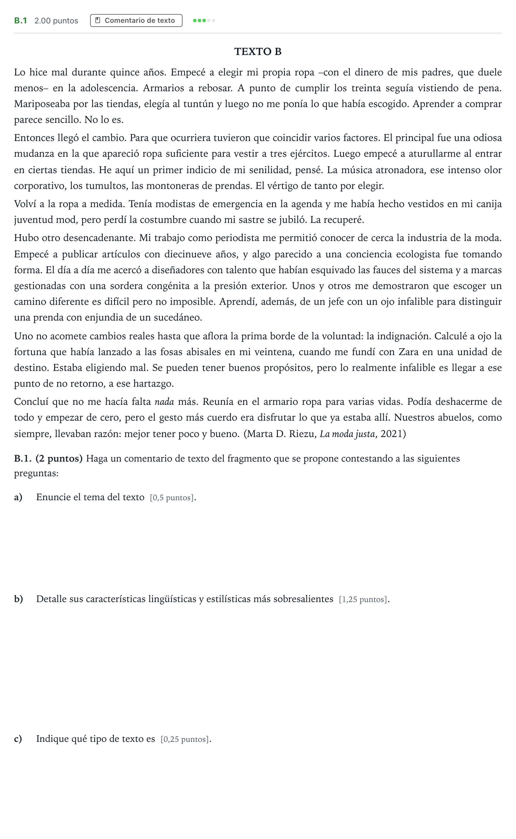 Enunciado: Ejercicio B.1 · Lengua Castellana y Literatura II PAU Madrid Extraordinaria 2023