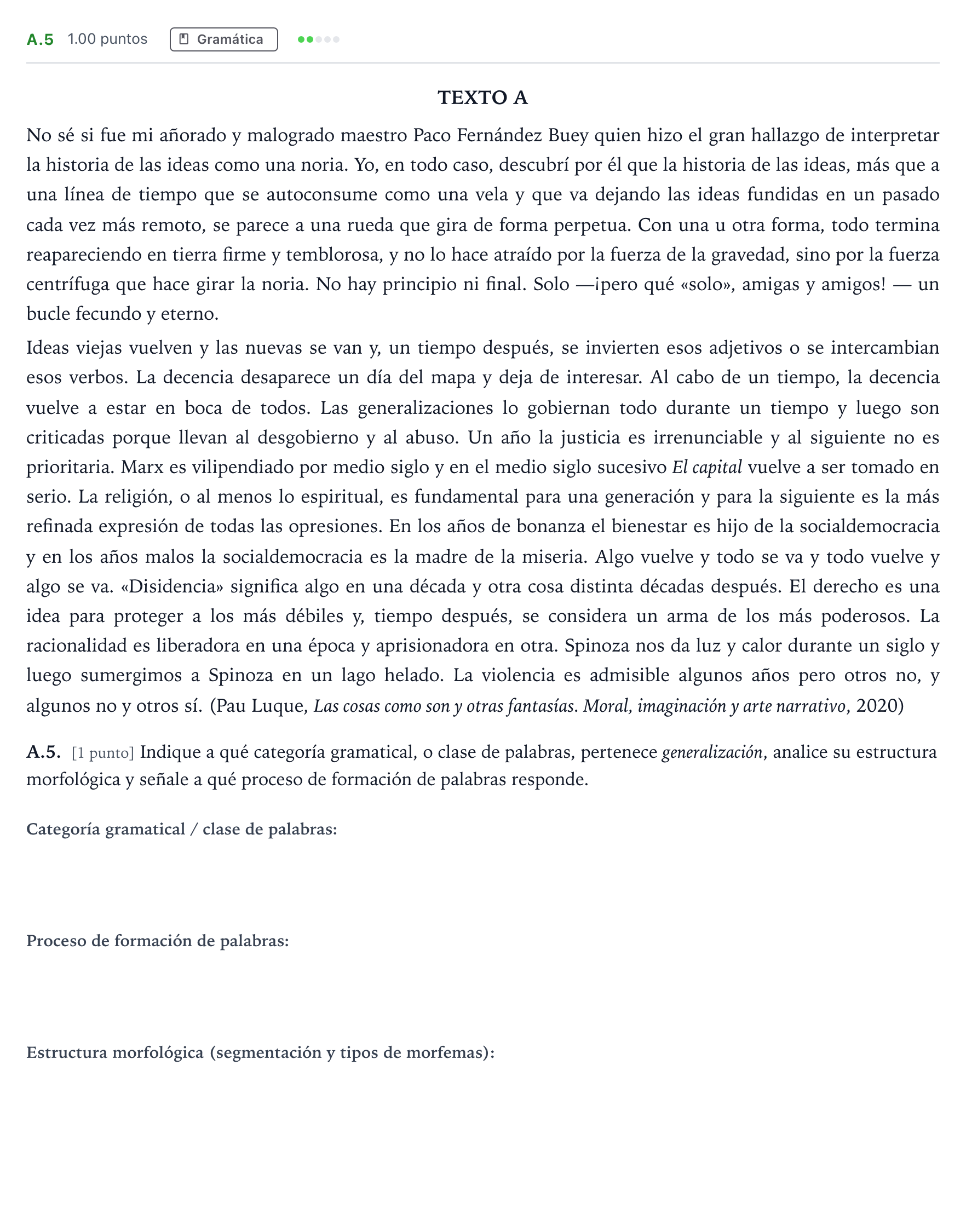 Enunciado: Ejercicio A.5 · Lengua Castellana y Literatura II PAU Madrid Ordinaria Coincidencias 2023