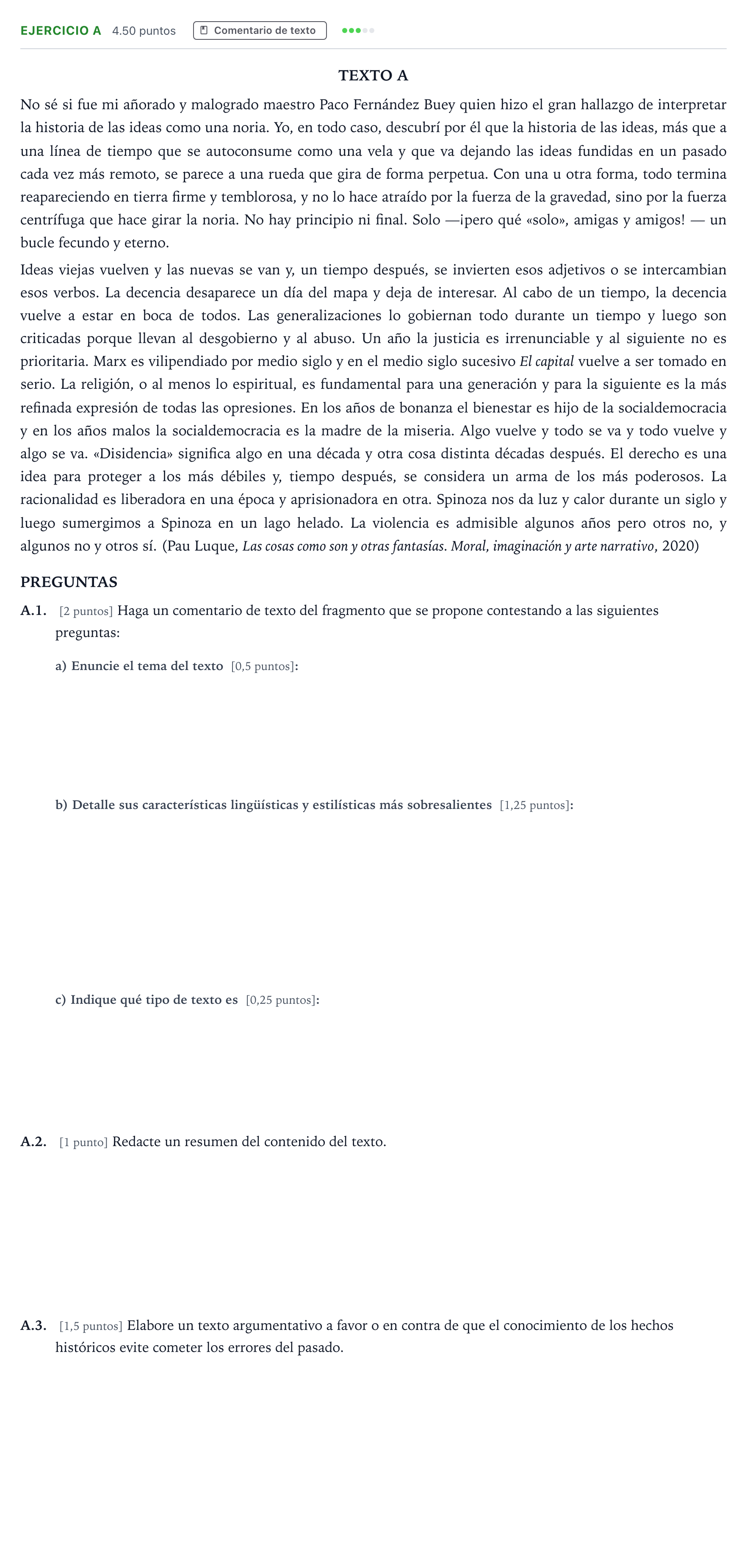 Enunciado: Ejercicio A · Lengua Castellana y Literatura II PAU Madrid Ordinaria Coincidencias 2023