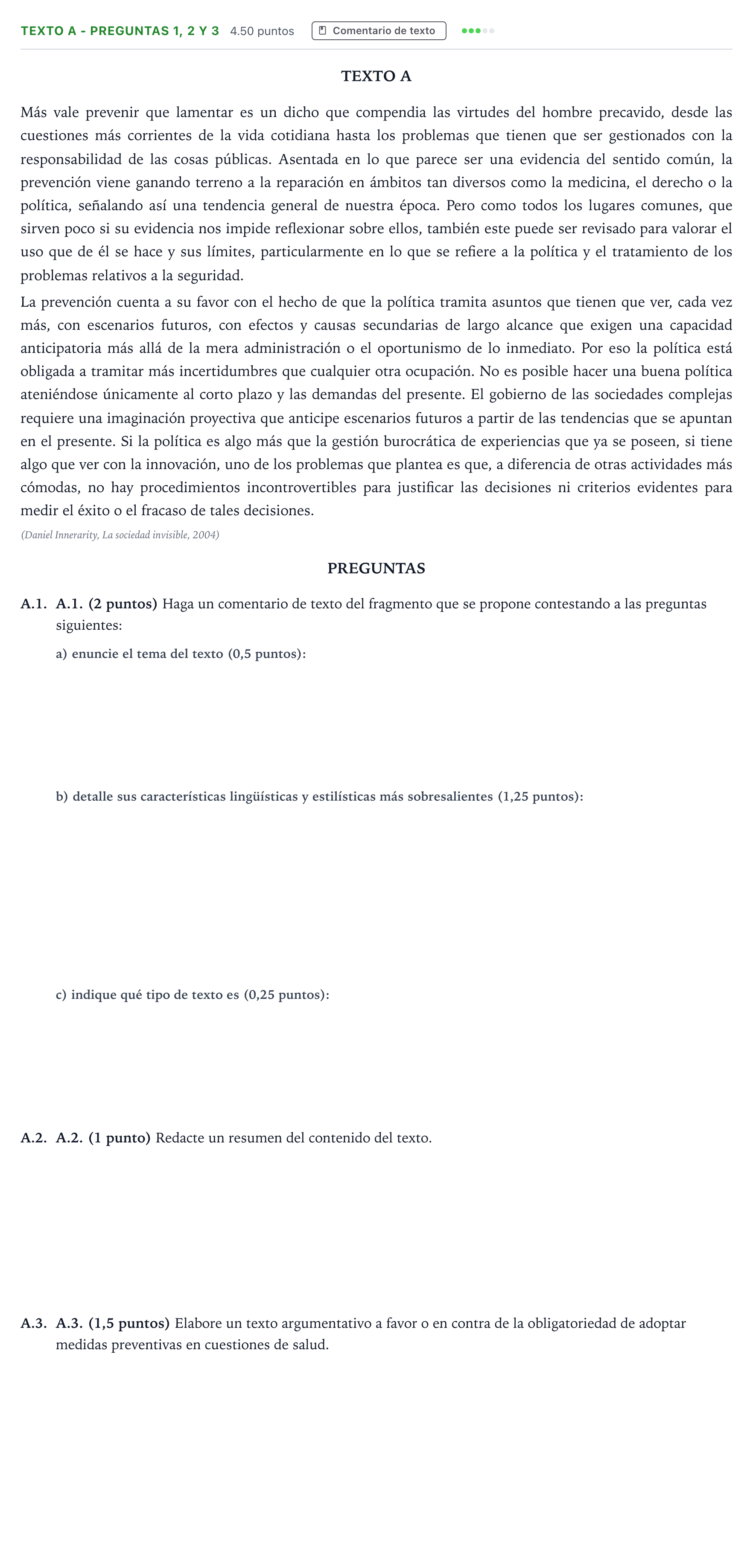Enunciado: Ejercicio Texto A - Preguntas 1, 2 y 3 · Lengua Castellana y Literatura II PAU Madrid Ordinaria Lunes 2023