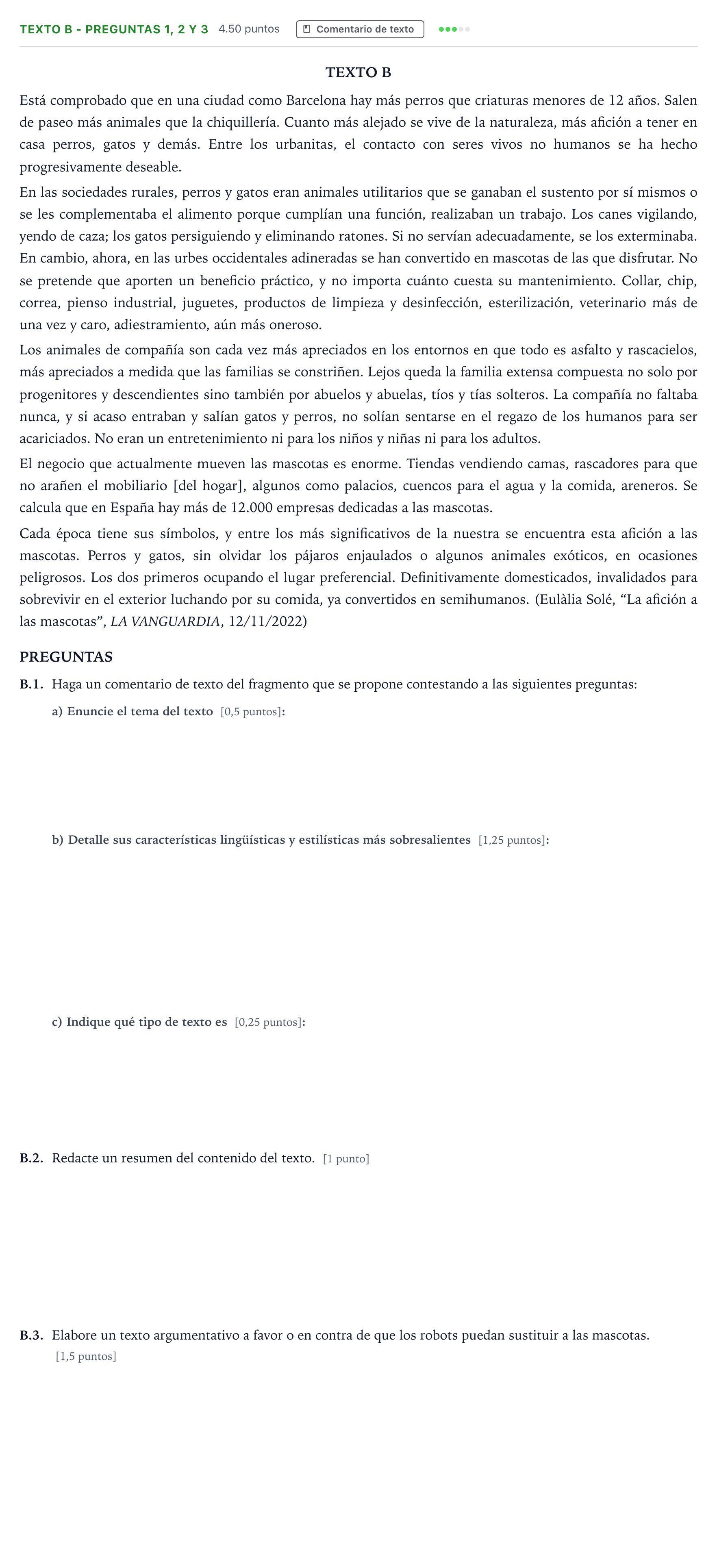 Enunciado: Ejercicio Texto B - Preguntas 1, 2 y 3 · Lengua Castellana y Literatura II PAU Madrid Ordinaria Lunes 2023