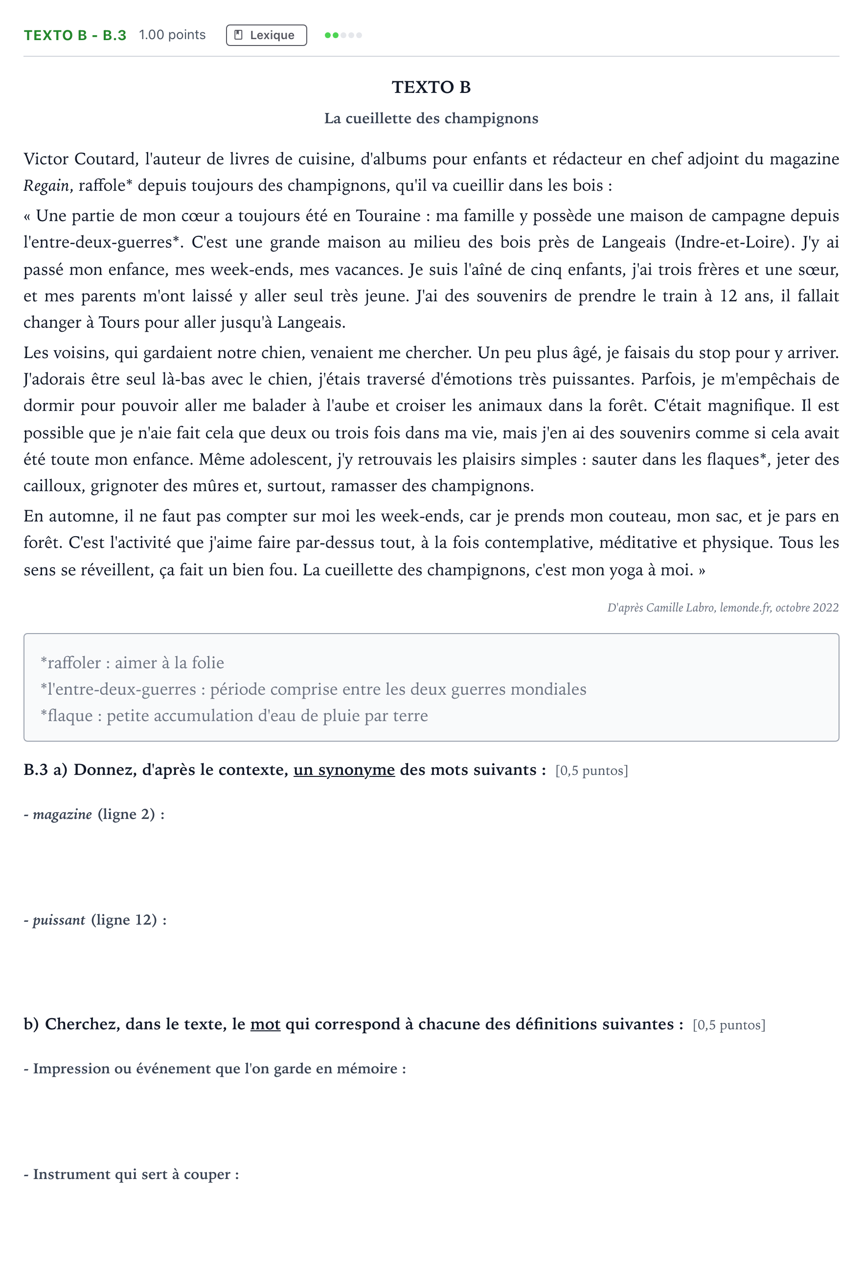 Enunciado: Ejercicio Texto B - B.3 · Francés PAU Madrid Extraordinaria 2023