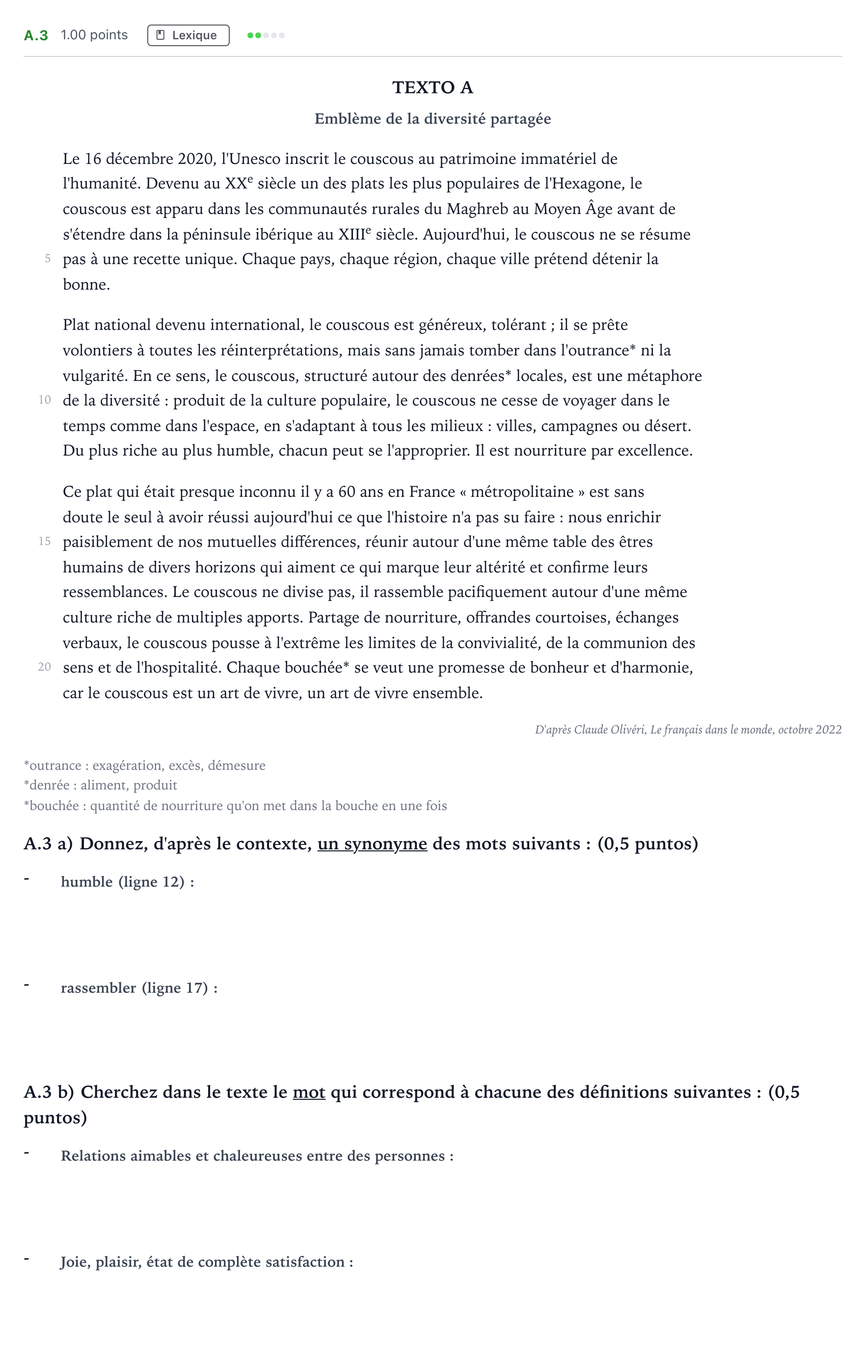 Enunciado: Ejercicio A.3 · Francés PAU Madrid Extraordinaria Coincidencias 2023
