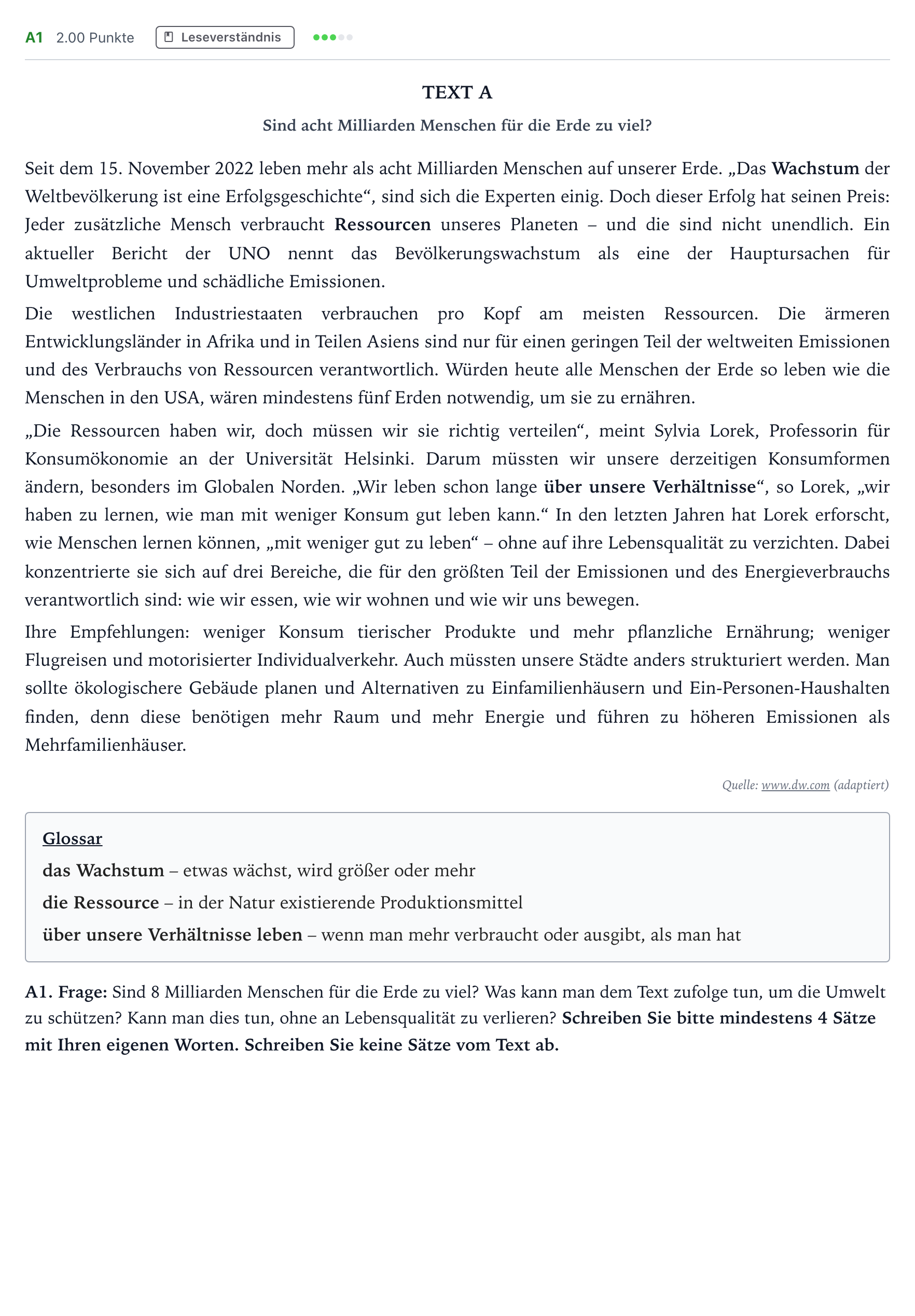 Enunciado: Ejercicio A1 · Alemán PAU Madrid Ordinaria (2ª lengua) Coincidencias 2023