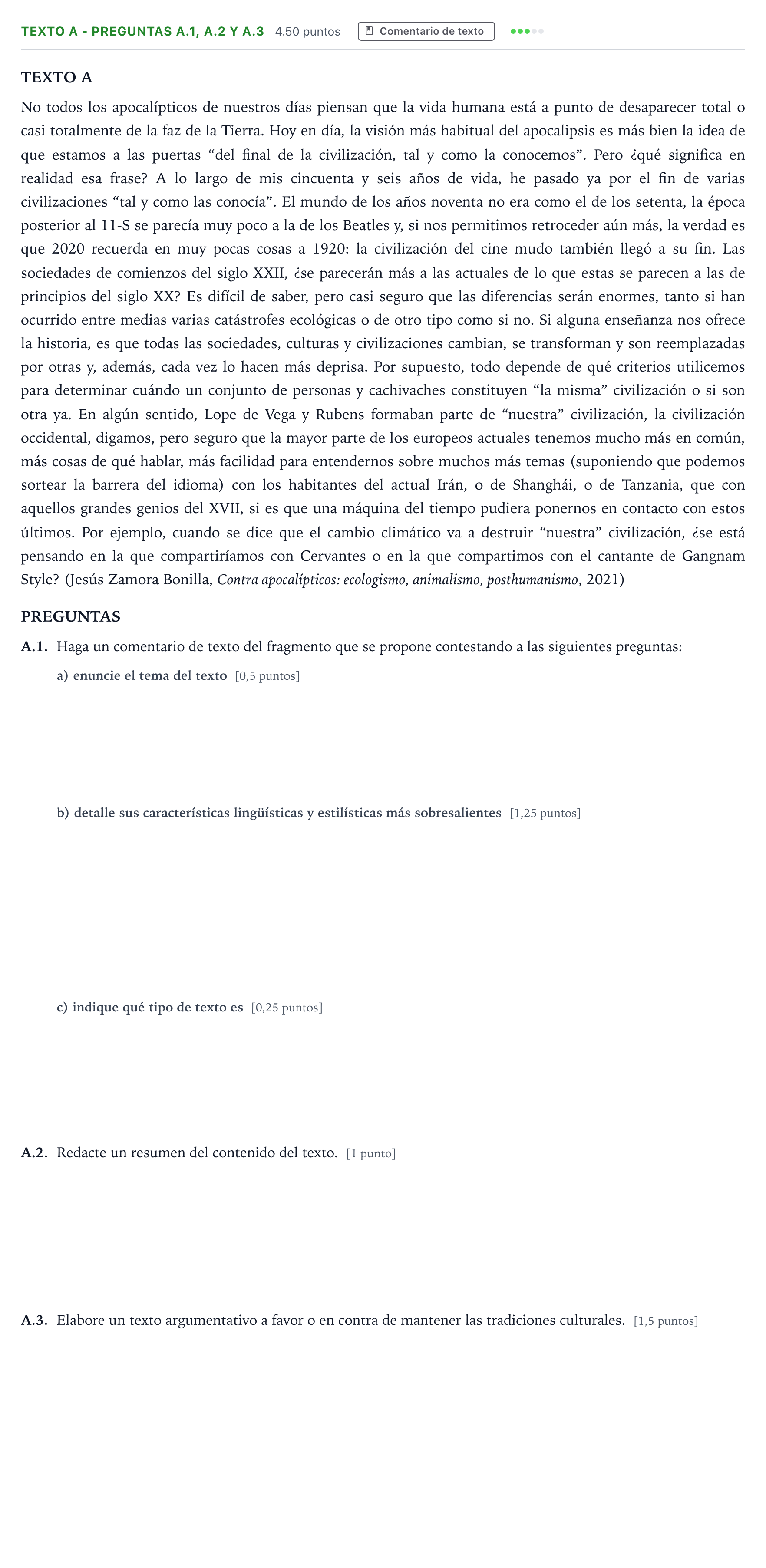 Enunciado: Ejercicio Texto A - Preguntas A.1, A.2 y A.3 · Lengua Castellana y Literatura II PAU Madrid Ordinaria Martes 2023