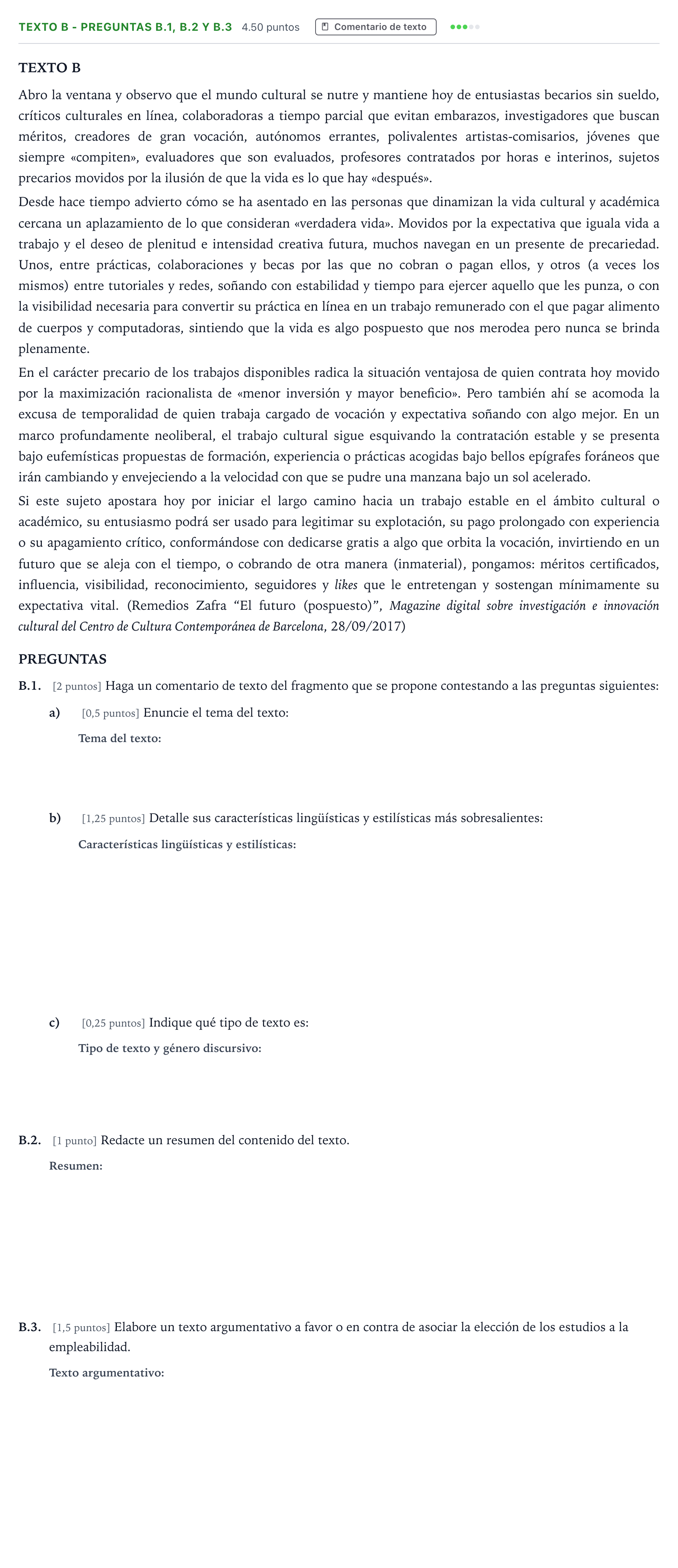 Enunciado: Ejercicio Texto B - Preguntas B.1, B.2 y B.3 · Lengua Castellana y Literatura II PAU Madrid Ordinaria Martes 2023