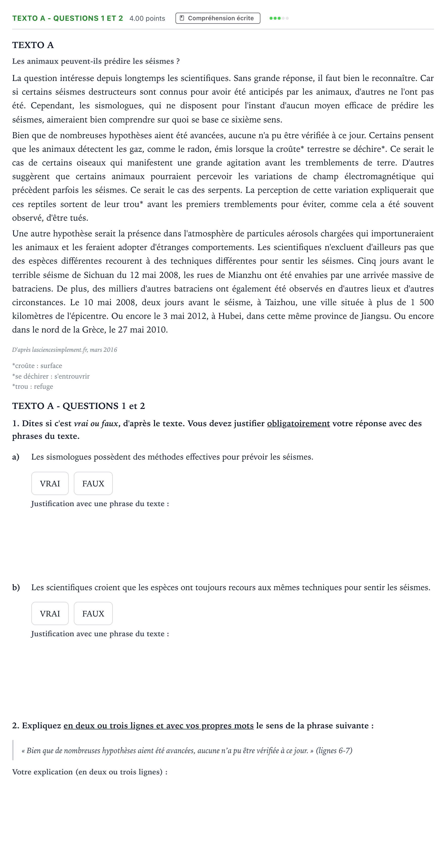 Enunciado: Ejercicio Texto A - Questions 1 et 2 · Francés PAU Madrid Modelo 2023
