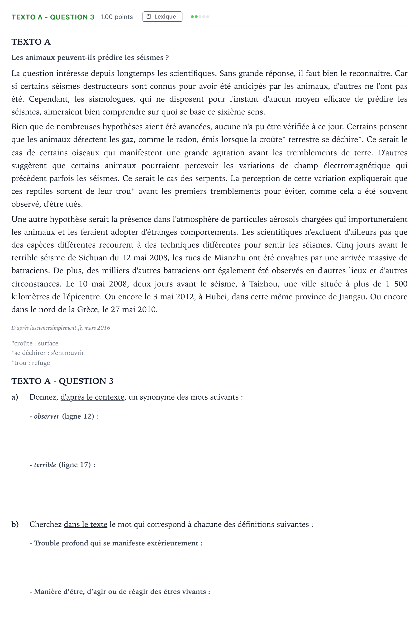Enunciado: Ejercicio Texto A - Question 3 · Francés PAU Madrid Modelo 2023