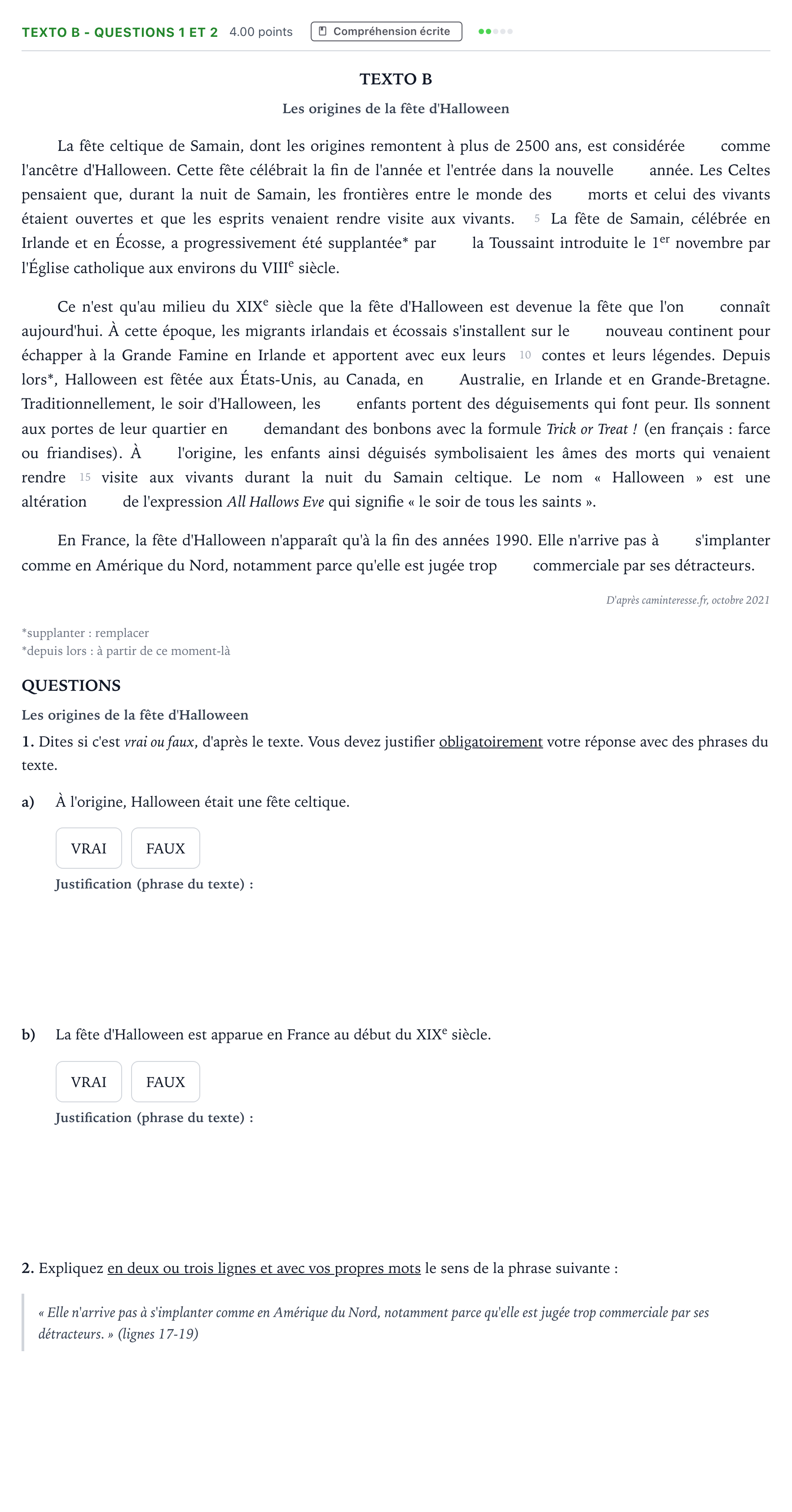 Enunciado: Ejercicio Texto B - Questions 1 et 2 · Francés PAU Madrid Modelo 2023