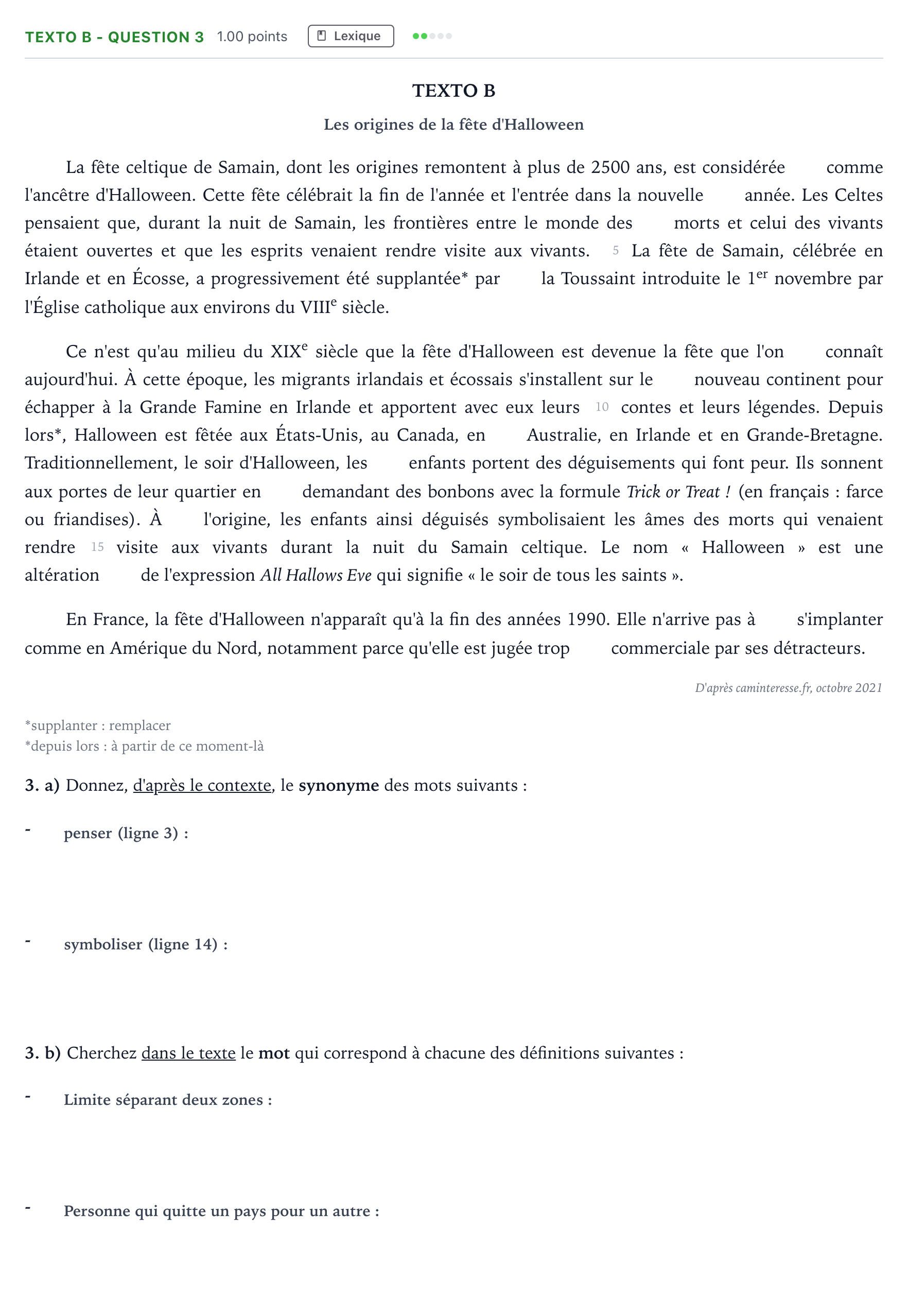 Enunciado: Ejercicio Texto B - Question 3 · Francés PAU Madrid Modelo 2023