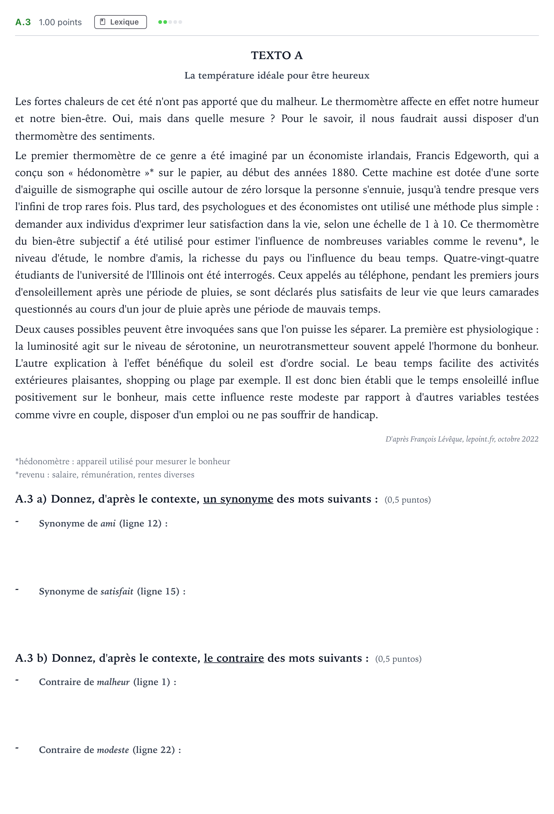 Enunciado: Ejercicio A.3 · Francés PAU Madrid Ordinaria 2023