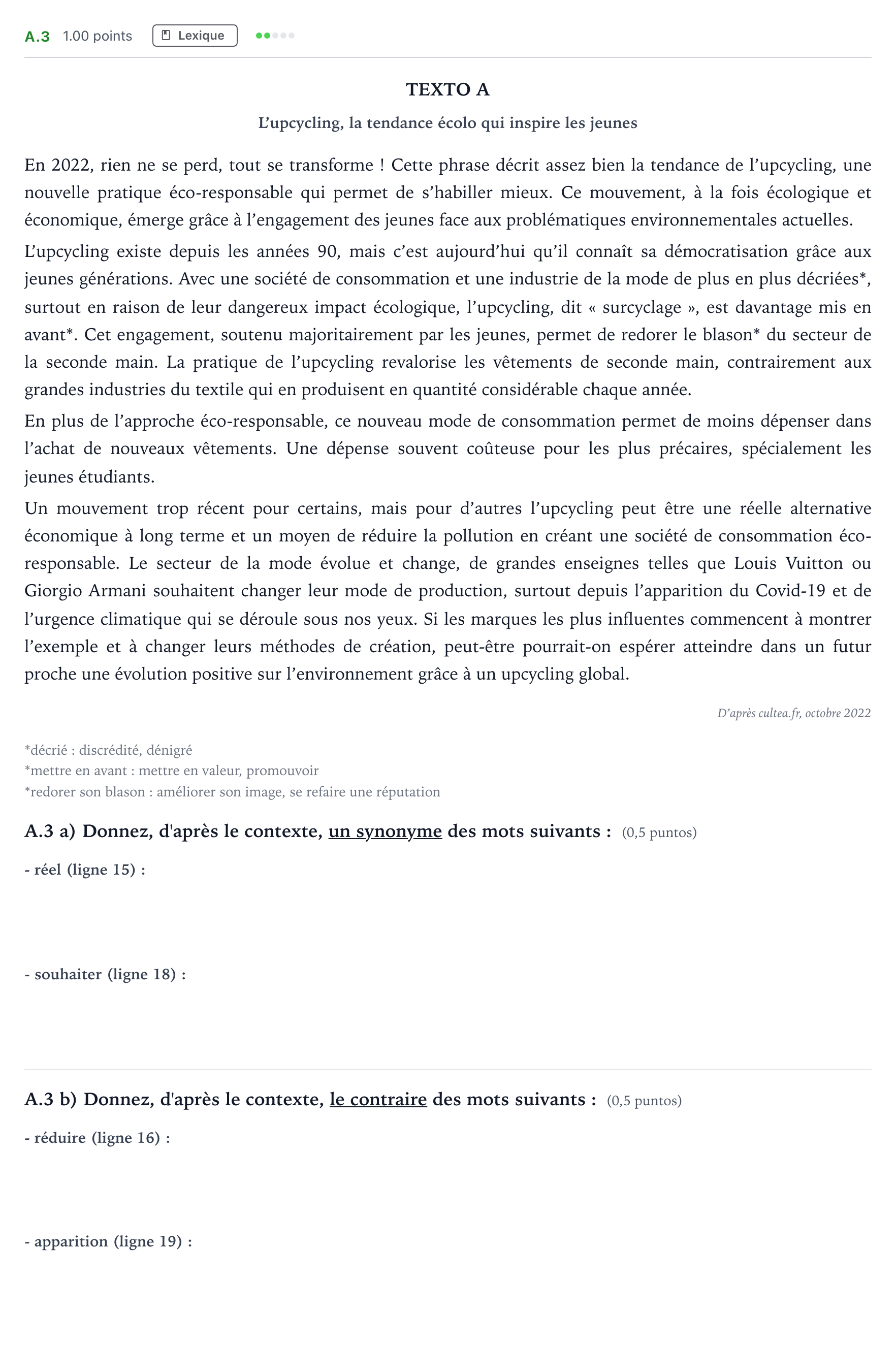 Enunciado: Ejercicio A.3 · Francés PAU Madrid Ordinaria Coincidencias 2023