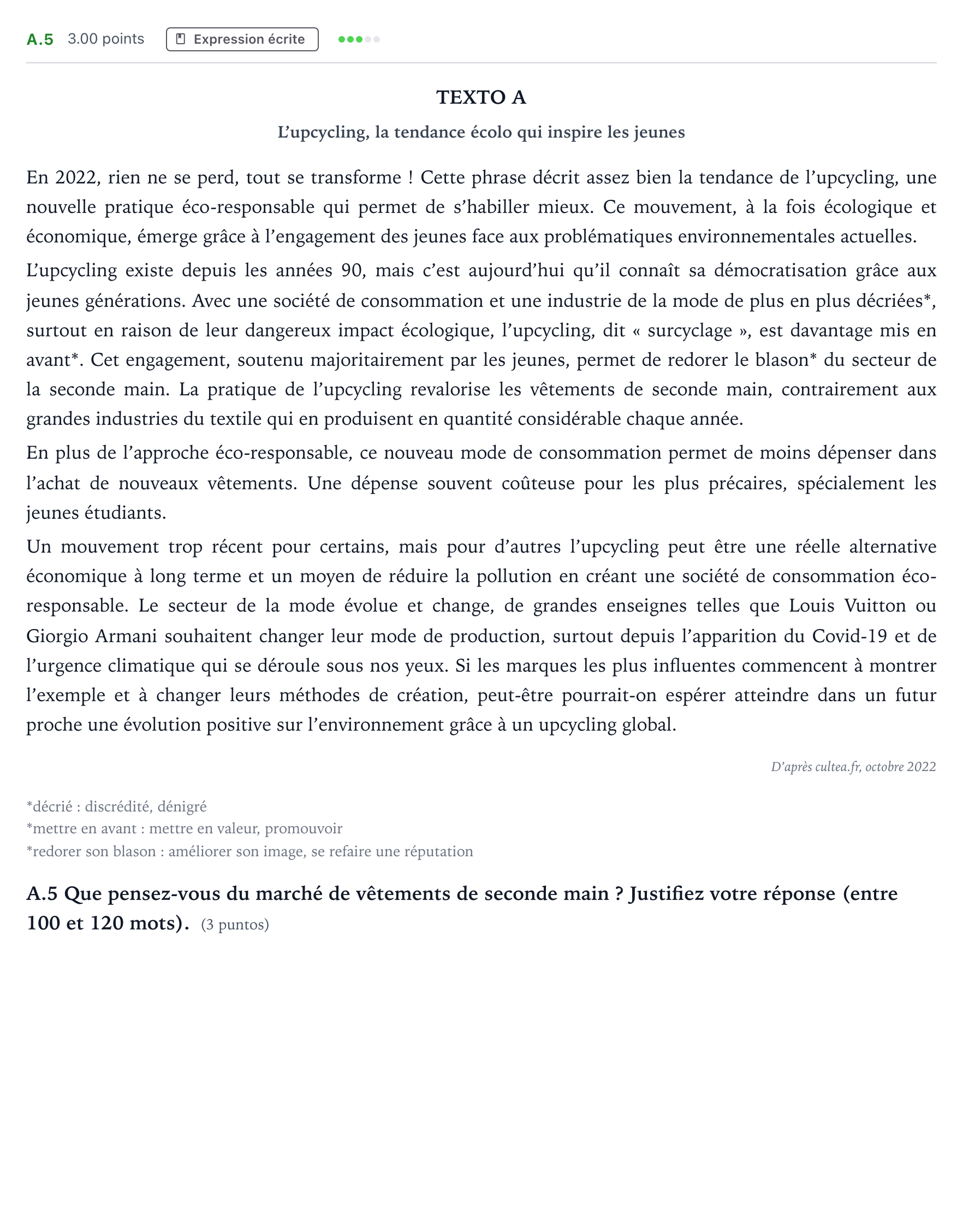 Enunciado: Ejercicio A.5 · Francés PAU Madrid Ordinaria Coincidencias 2023