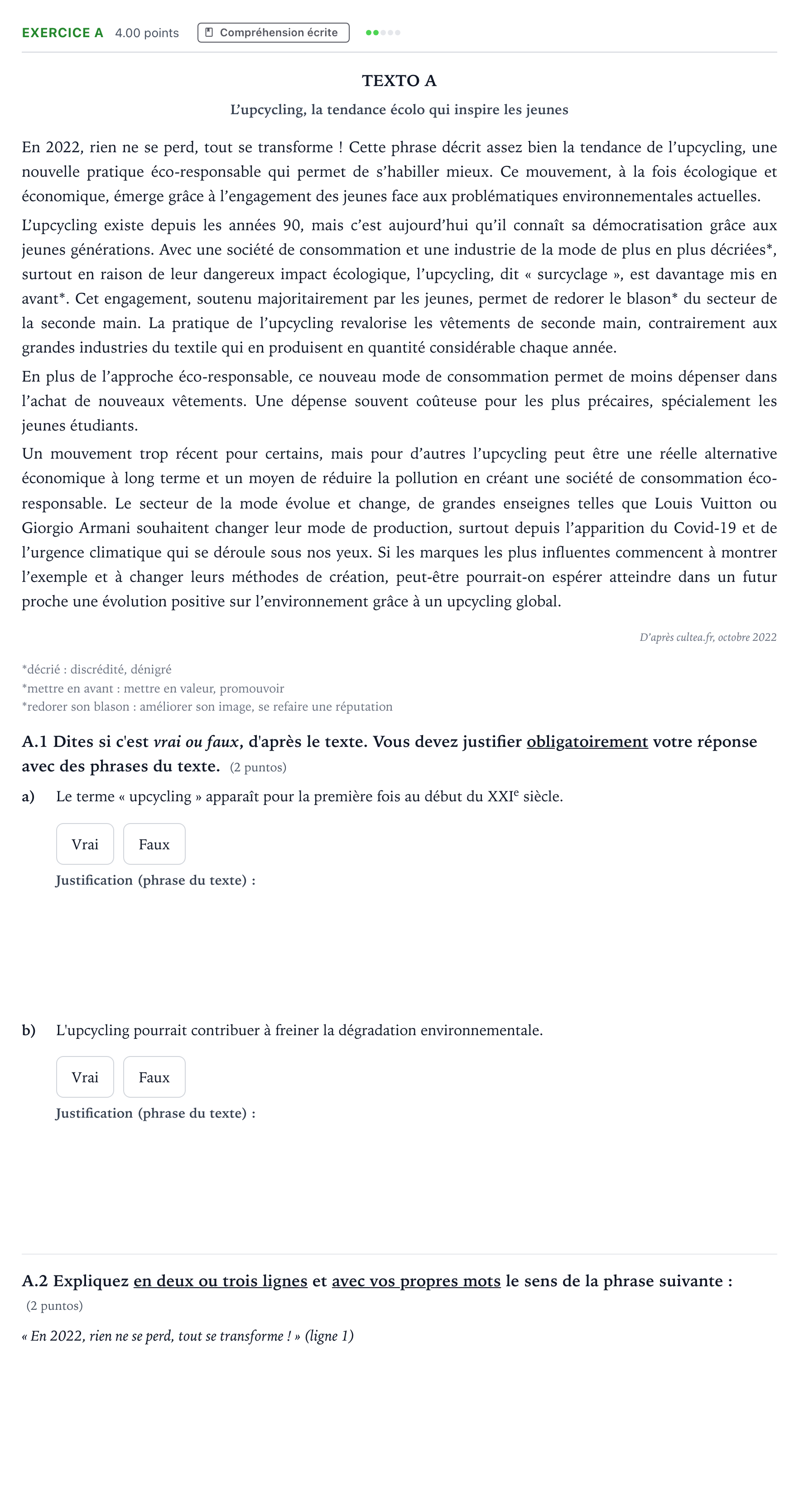 Enunciado: Ejercicio A · Francés PAU Madrid Ordinaria Coincidencias 2023
