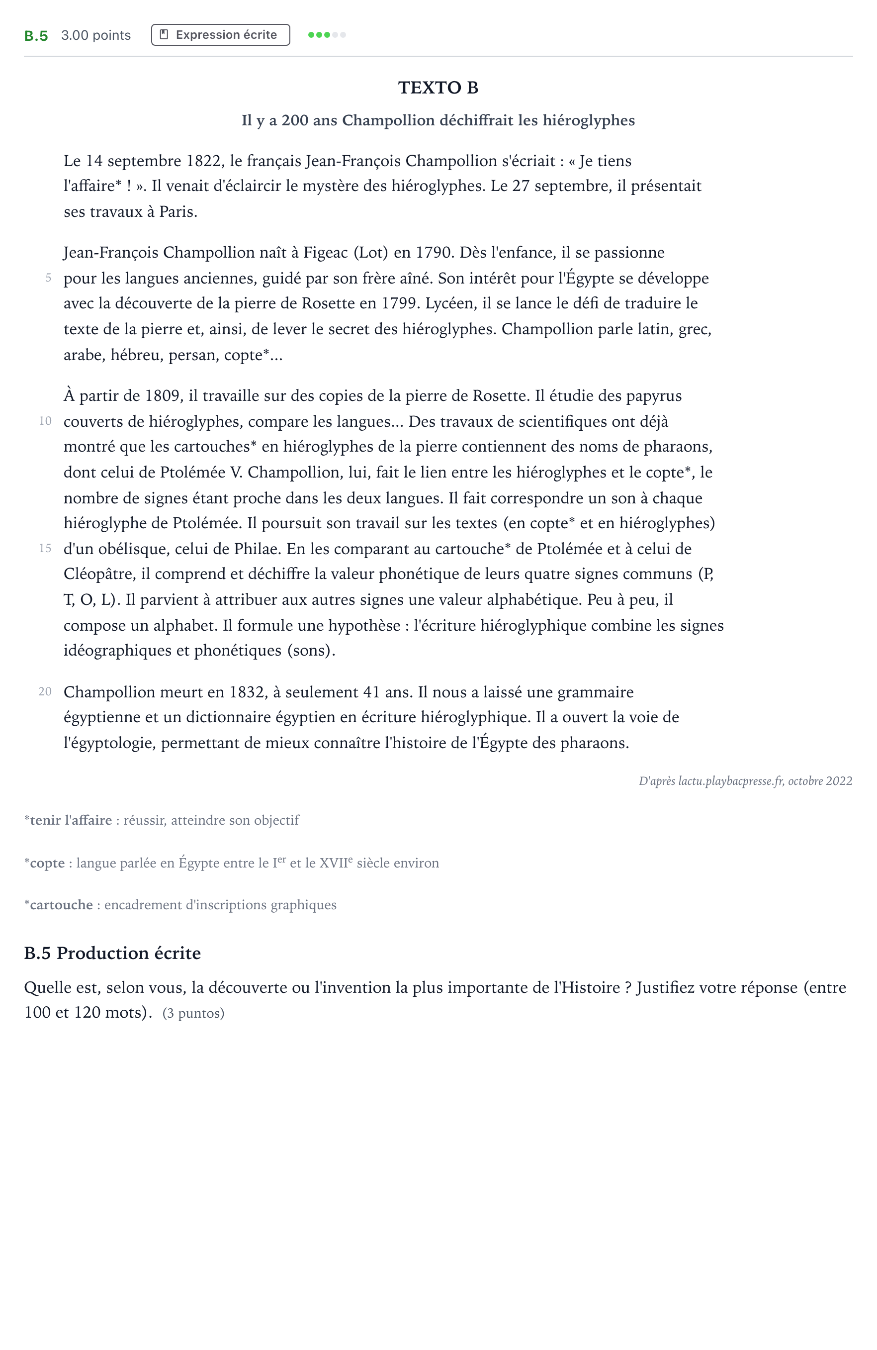 Enunciado: Ejercicio B.5 · Francés PAU Madrid Ordinaria Coincidencias 2023