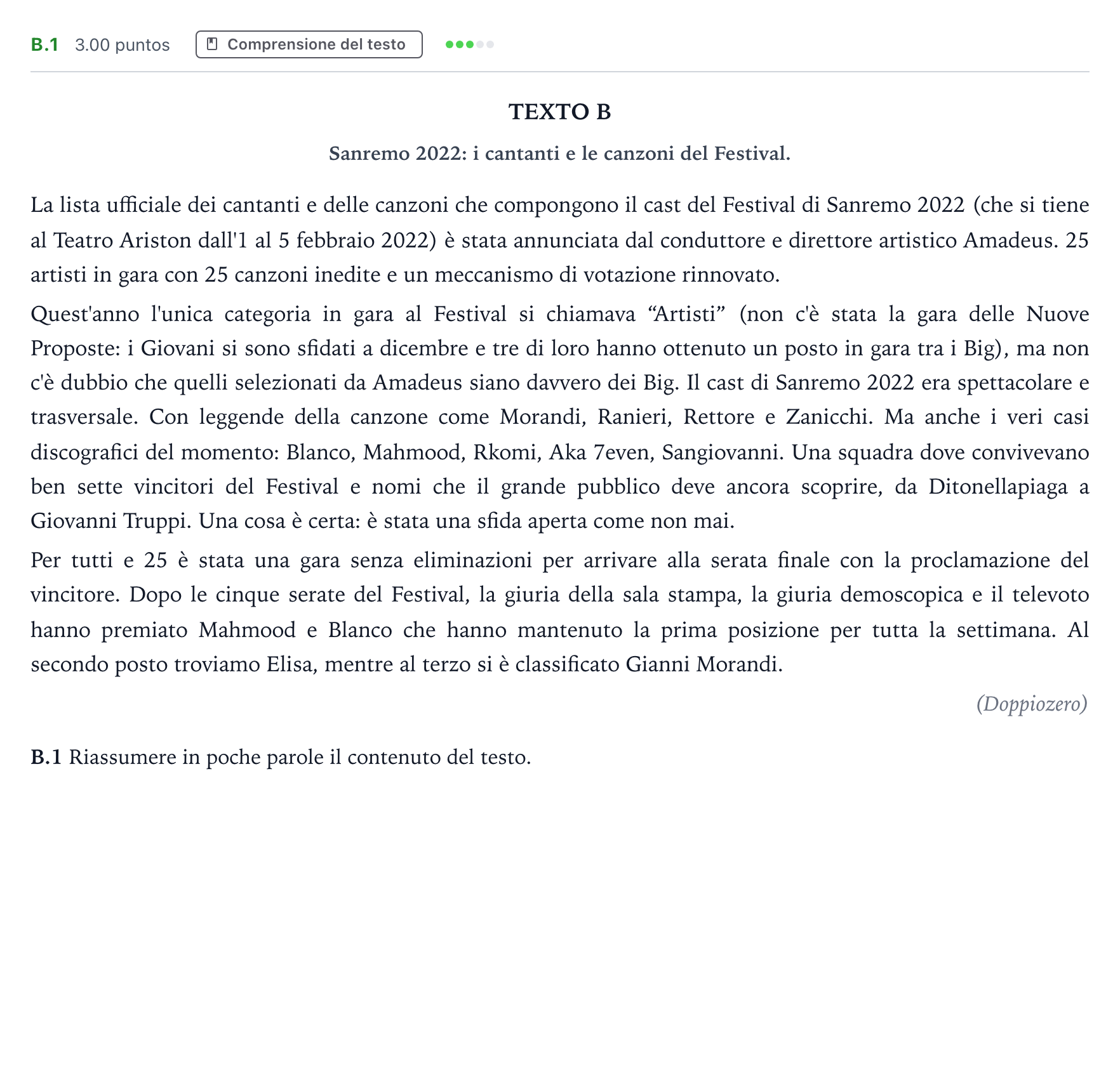 Enunciado: Ejercicio B.1 · Italiano PAU Madrid Modelo 2023