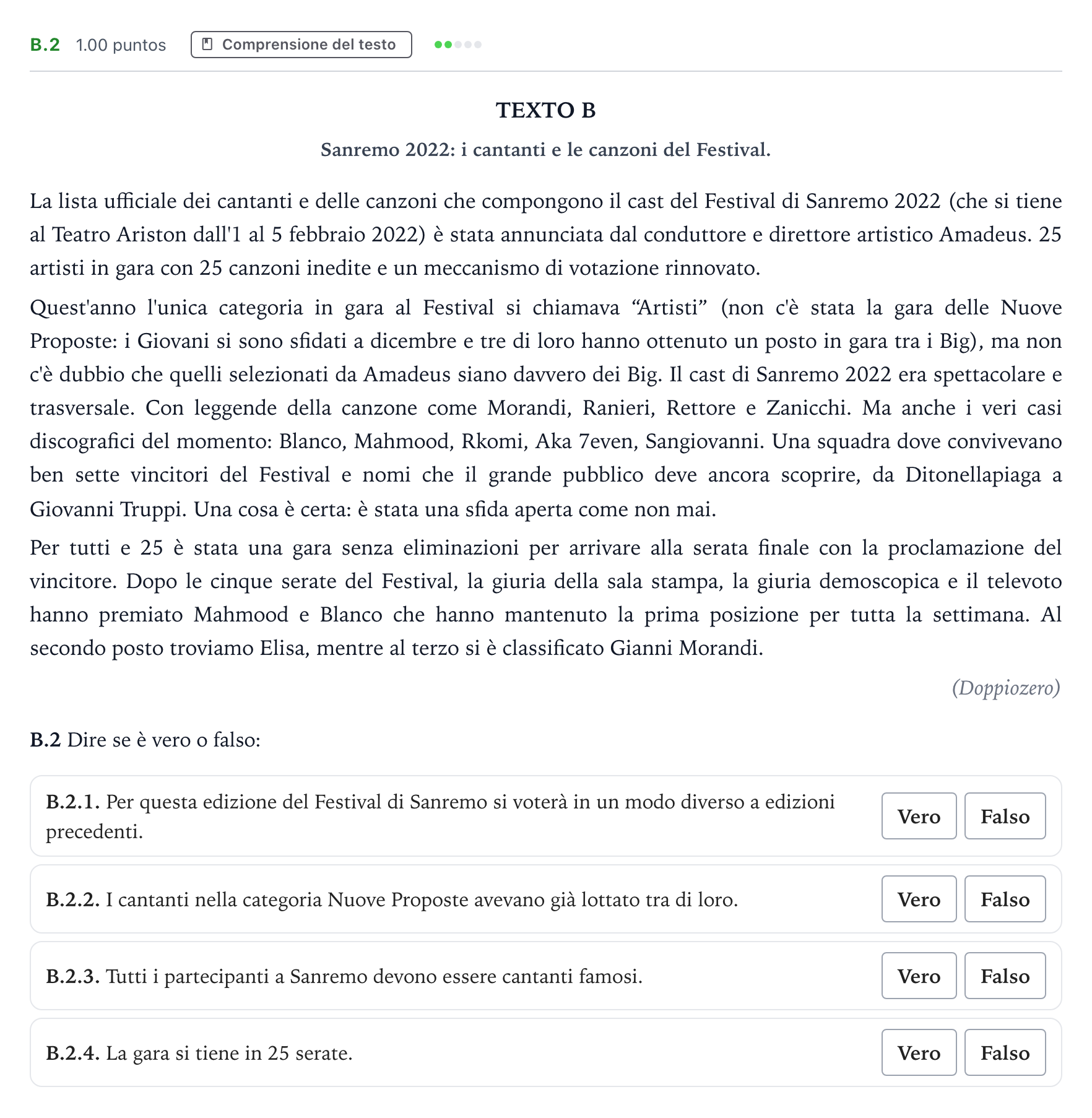 Enunciado: Ejercicio B.2 · Italiano PAU Madrid Modelo 2023