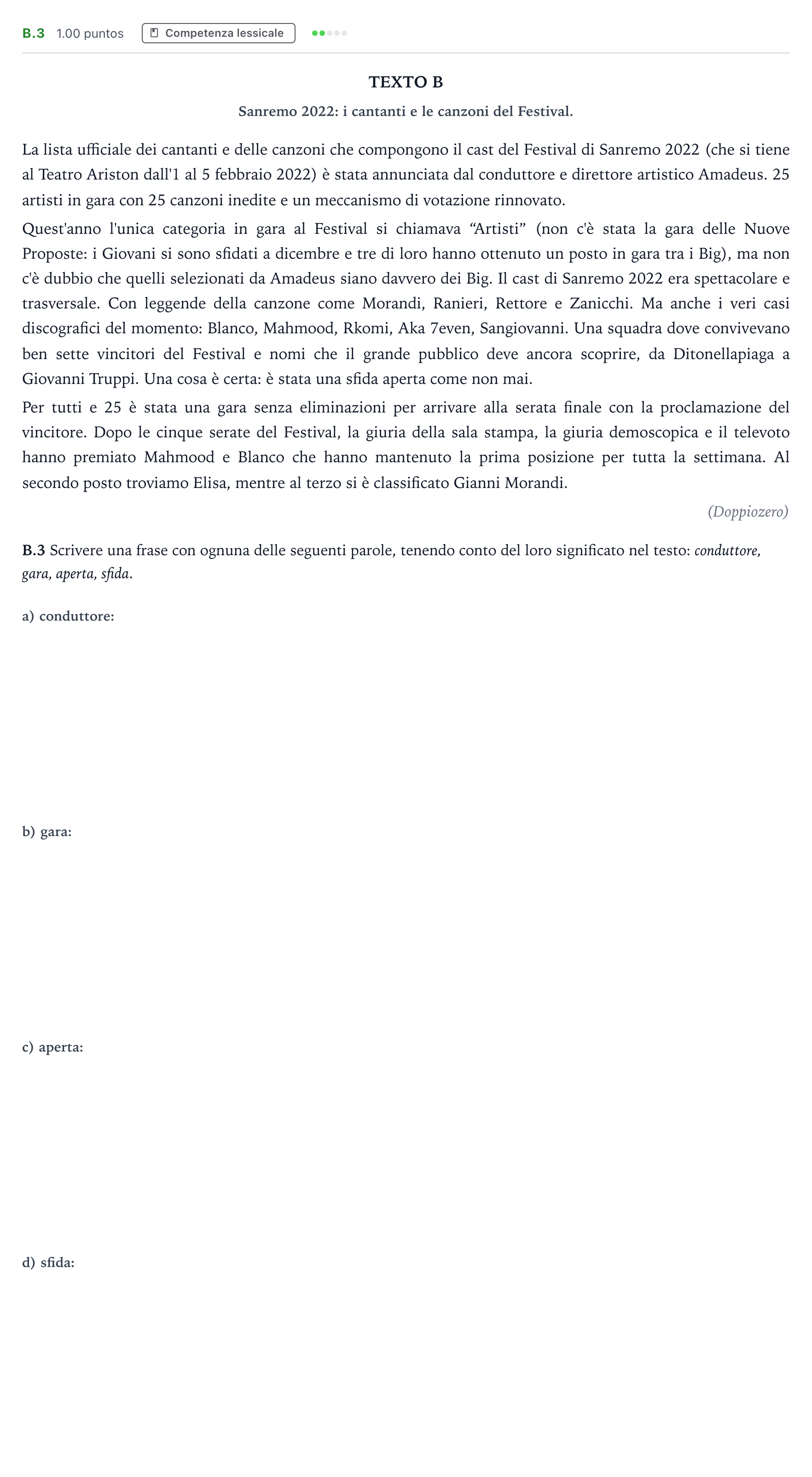 Enunciado: Ejercicio B.3 · Italiano PAU Madrid Modelo 2023