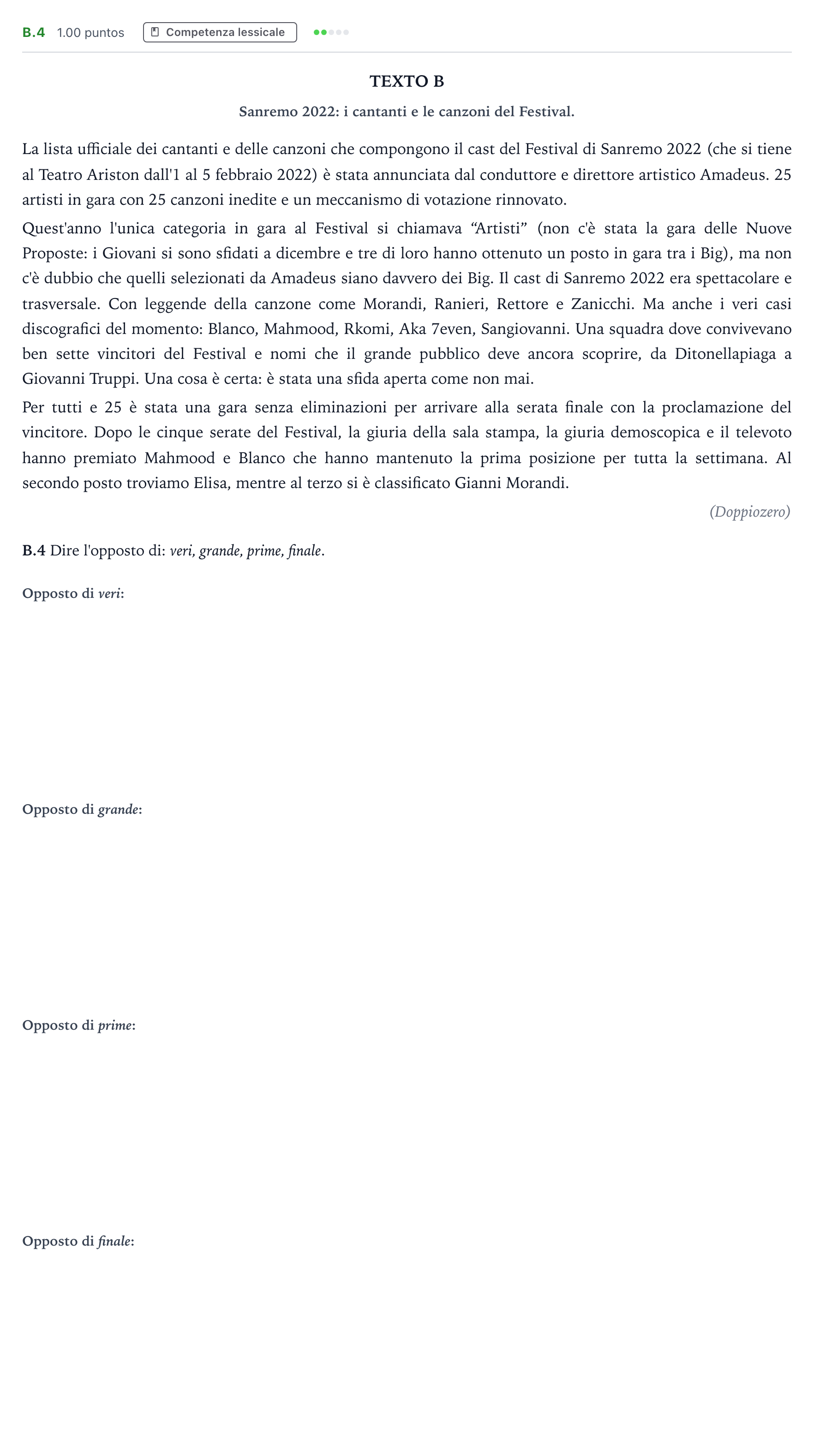Enunciado: Ejercicio B.4 · Italiano PAU Madrid Modelo 2023