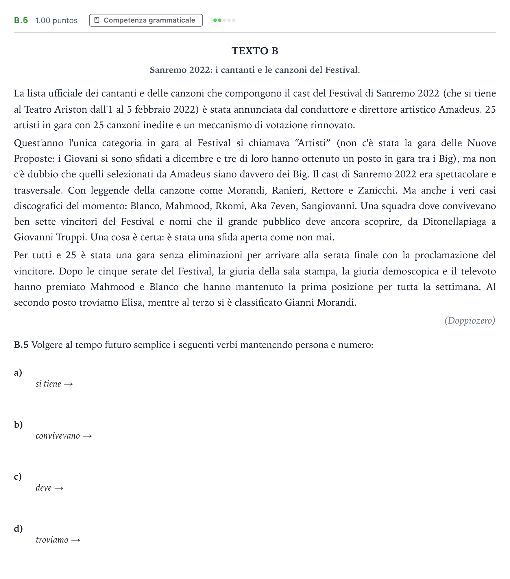 Enunciado: Ejercicio B.5 · Italiano PAU Madrid Modelo 2023