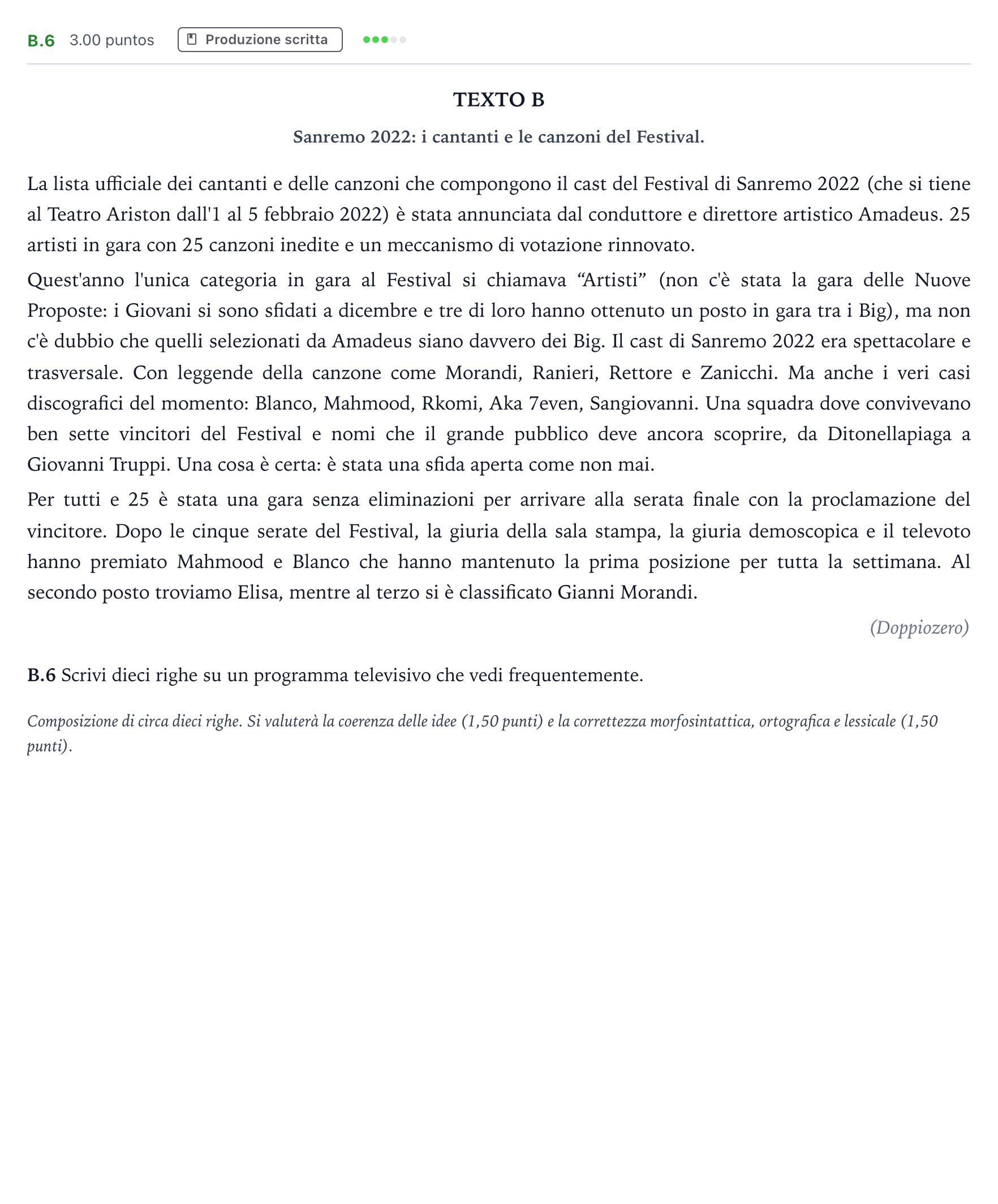 Enunciado: Ejercicio B.6 · Italiano PAU Madrid Modelo 2023